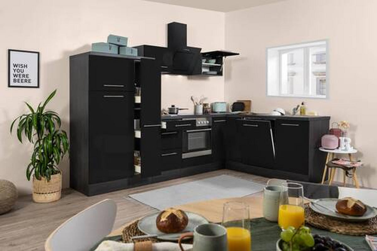 ECKKÜCHE 290/200 cm  in Schwarz, Eichefarben  - Edelstahlfarben/Eichefarben, Basics, Holzwerkstoff/Metall (290/200cm) - Respekta