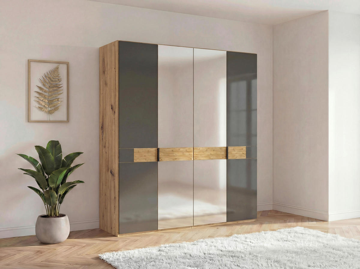 DREHTÜRENSCHRANK 200/216/58 cm,  in Braun, Eichefarben, 4 Tür(en)  - Schieferfarben/Eichefarben, Design, Glas/Holz (200/216/58cm) - Musterring