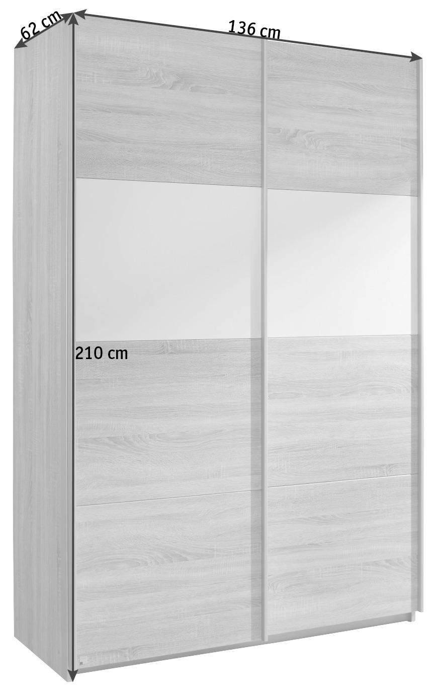 SCHWEBETÜRENSCHRANK 2-türig Weiß, Sonoma Eiche  - Alufarben/Weiß, Basics, Holzwerkstoff/Metall (136/210/62cm) - Carryhome