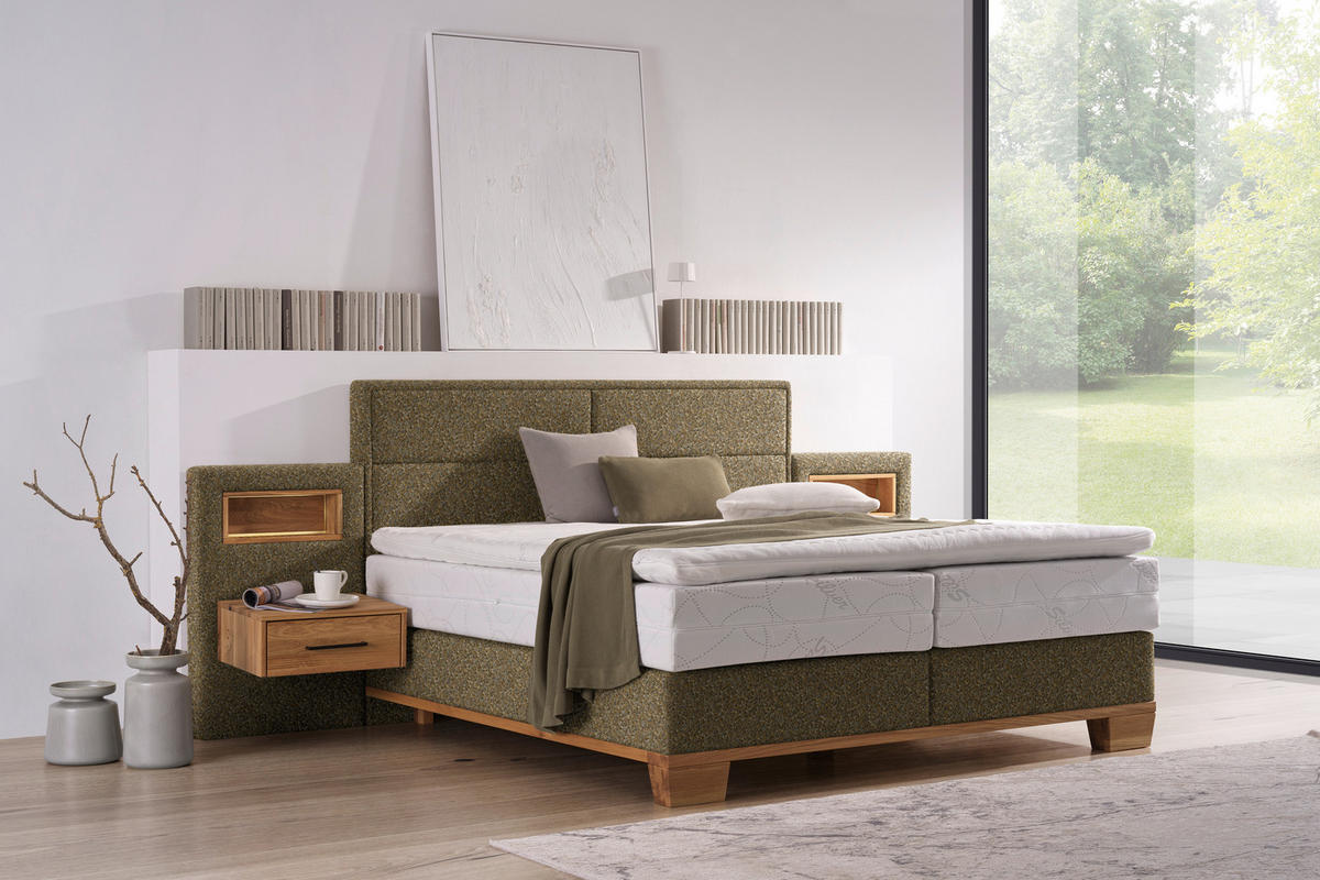 BOXSPRINGBETT 180/200 cm  in Eichefarben, Olivgrün  - Eichefarben/Olivgrün, Natur, Holz/Textil (180/200cm) - Valnatura