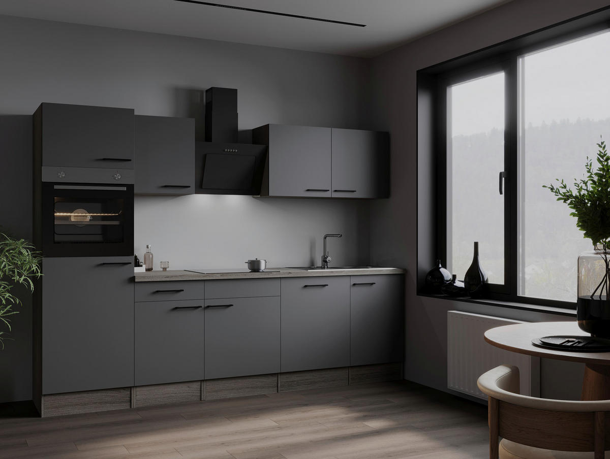 KÜCHENBLOCK 280 cm   in Grau, Eichefarben  - Eichefarben/Schwarz, Design, Holzwerkstoff/Metall (280cm) - Respekta
