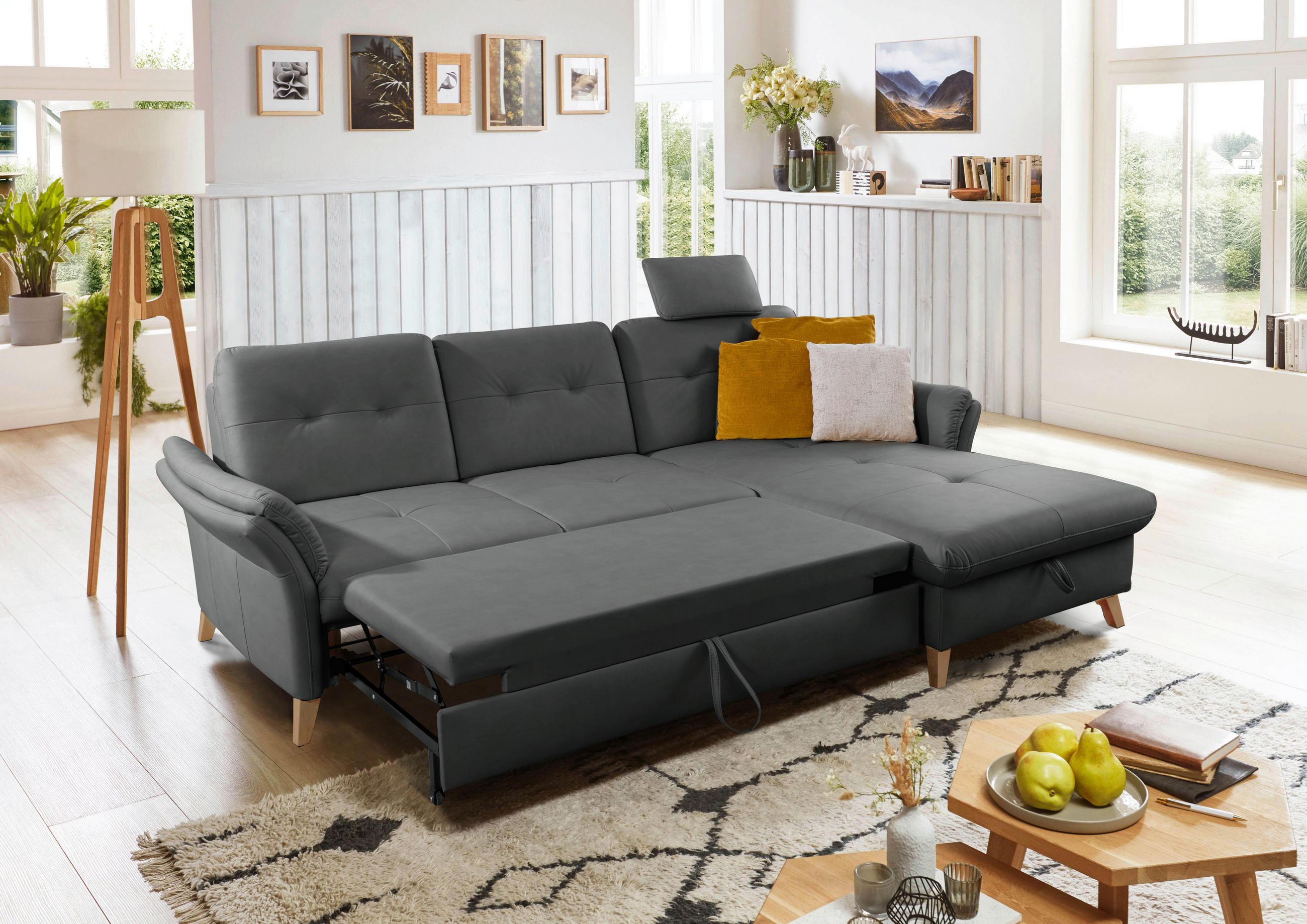ECKSOFA Schwarz Lederlook (vegan)  - Eichefarben/Schwarz, Design, Holz/Textil (268/176cm) - Livetastic