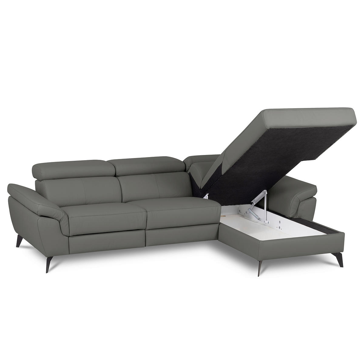 ECKSOFA SONO in Lederlook Echtleder Anthrazit Bettkasten, Armteilverstellung, Kopfteilverstellung  252/179 cm  - Anthrazit/Schwarz, Design, Leder/Textil (252/179cm) - Livetastic