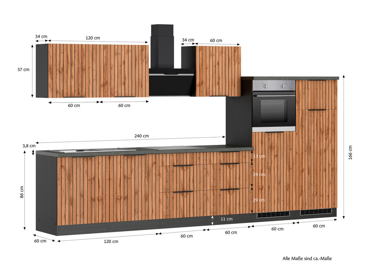 KÜCHENBLOCK 360 cm   in Eiche Wotan, Graphitfarben  - Schieferfarben/Eiche Wotan, Basics, Holzwerkstoff/Metall (360cm) - Held