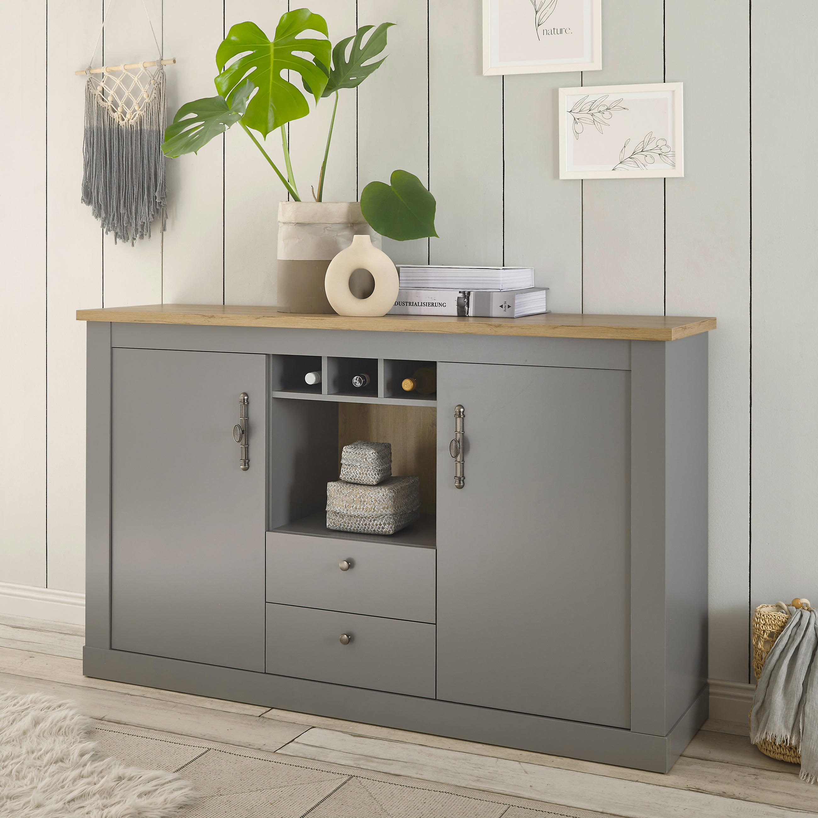 SIDEBOARD 166/100/44 cm  in Eichefarben, Hellgrau  - Eichefarben/Silberfarben, Design, Holzwerkstoff/Metall (166/100/44cm) - MID.YOU