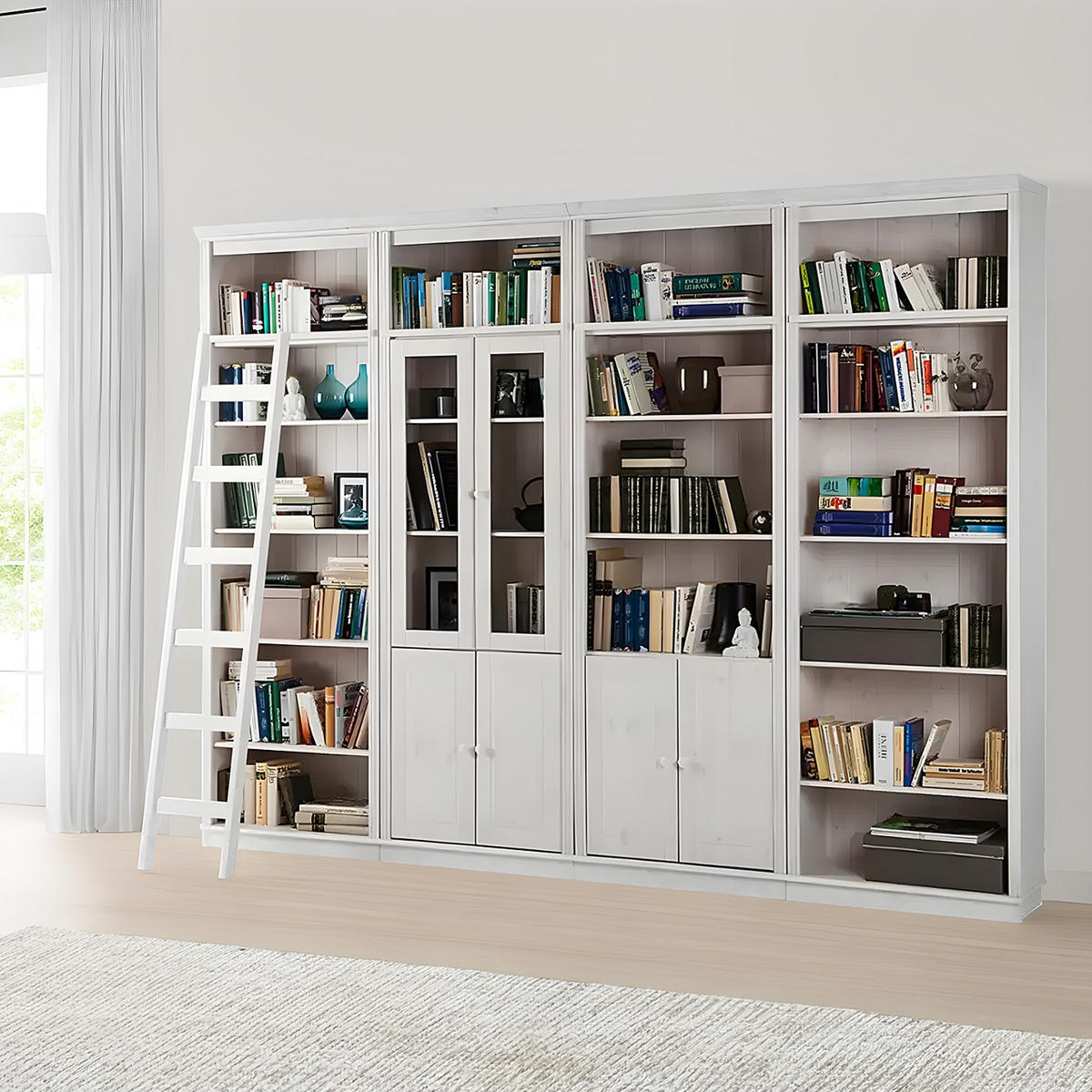 WOHNWAND 4-teilig  in Weiß, Kieferfarben  296/223/34 cm  - Weiß/Kieferfarben, Design, Glas/Holz (296/223/34cm) - Livetastic