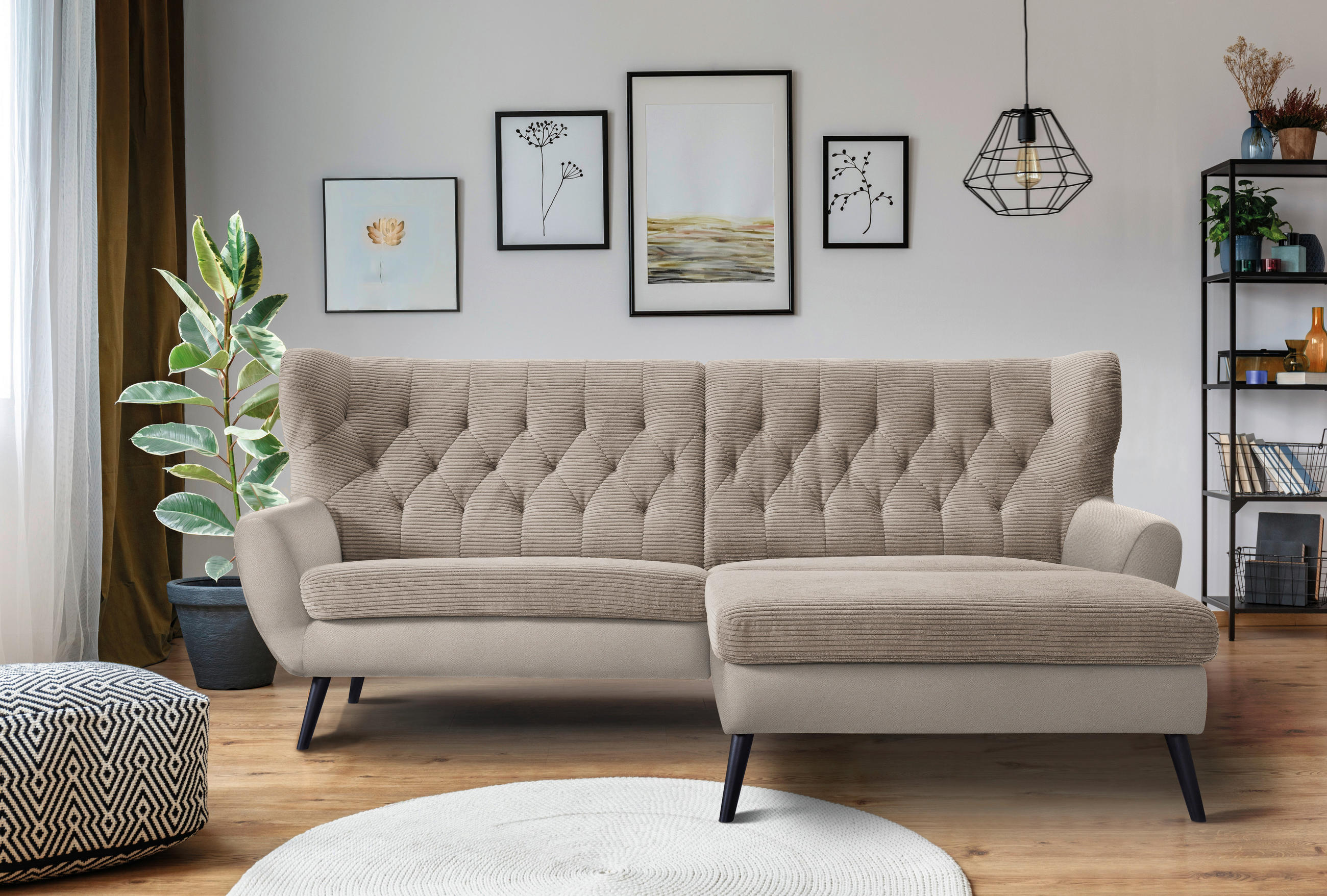 ECKSOFA in Cord Beige  - Beige/Schwarz, Design, Holz/Textil (237/165cm) - Stylife