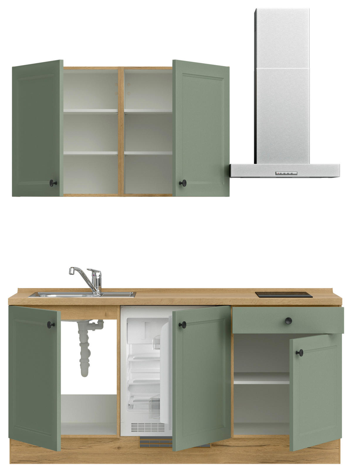 KÜCHENBLOCK Cascada 180 cm  in Grün, Eichefarben  - Eichefarben/Schwarz, MODERN, Holzwerkstoff/Metall (180cm) - Nobilia