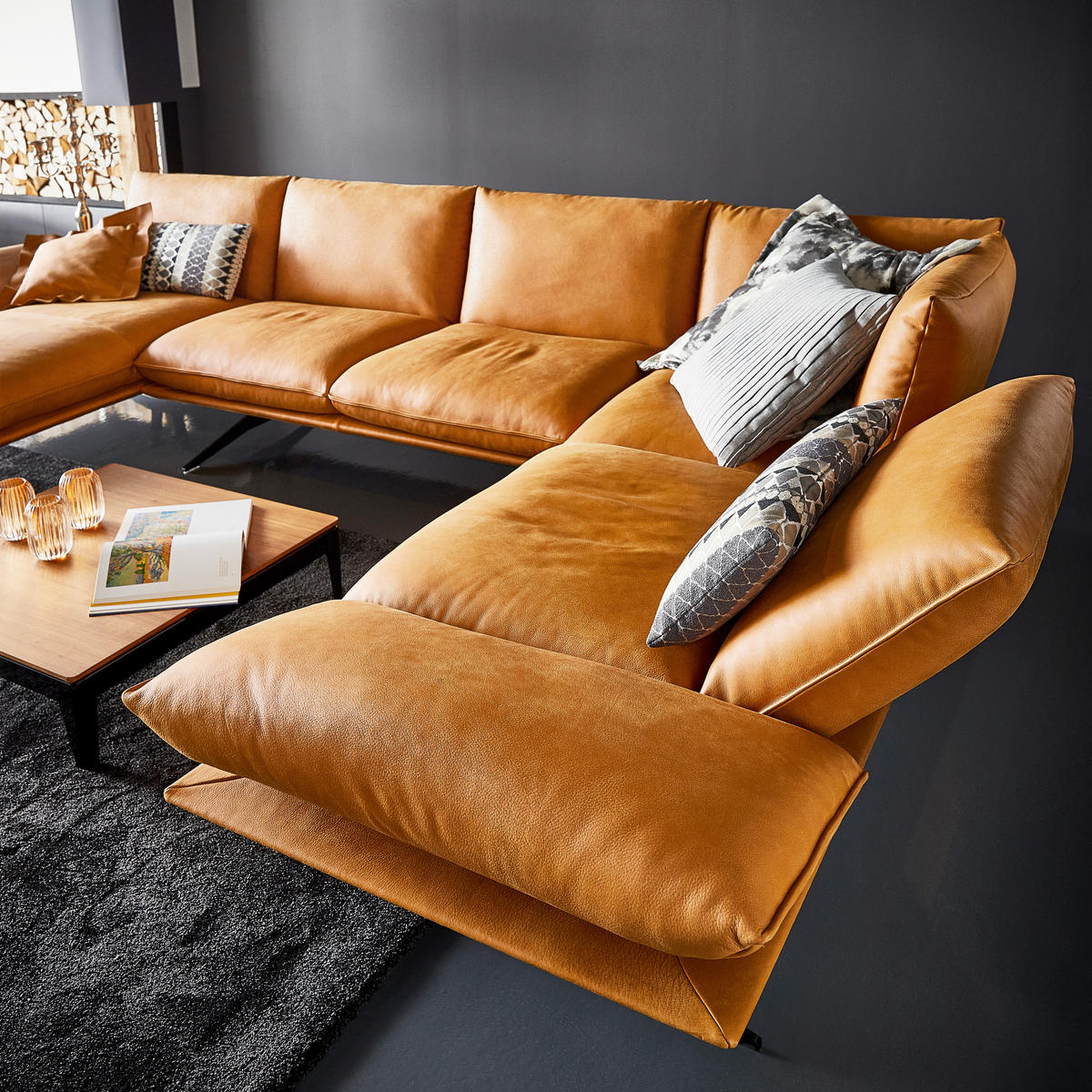 WOHNLANDSCHAFT Currygelb Echtleder  - Currygelb/Schwarz, Natur, Leder/Metall (217/359/155cm) - Dieter Knoll