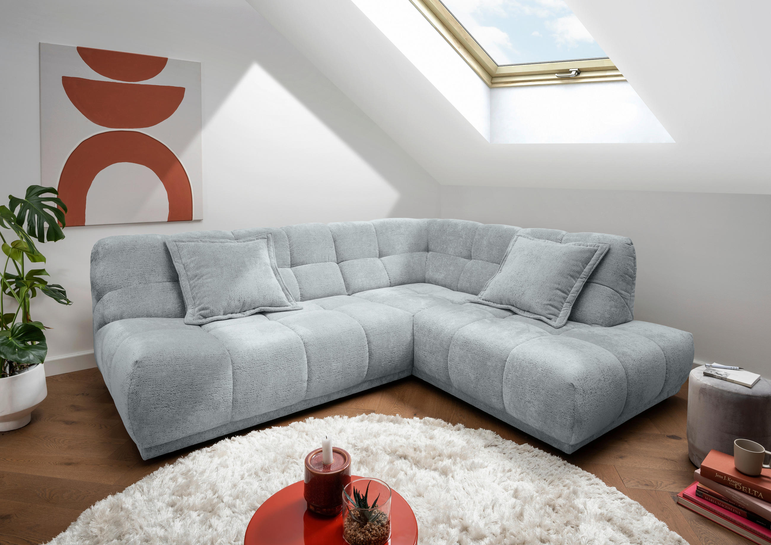 ECKSOFA Chenille Hellblau  - Schwarz/Hellblau, Modern, Kunststoff/Textil (254/203cm) - Livetastic