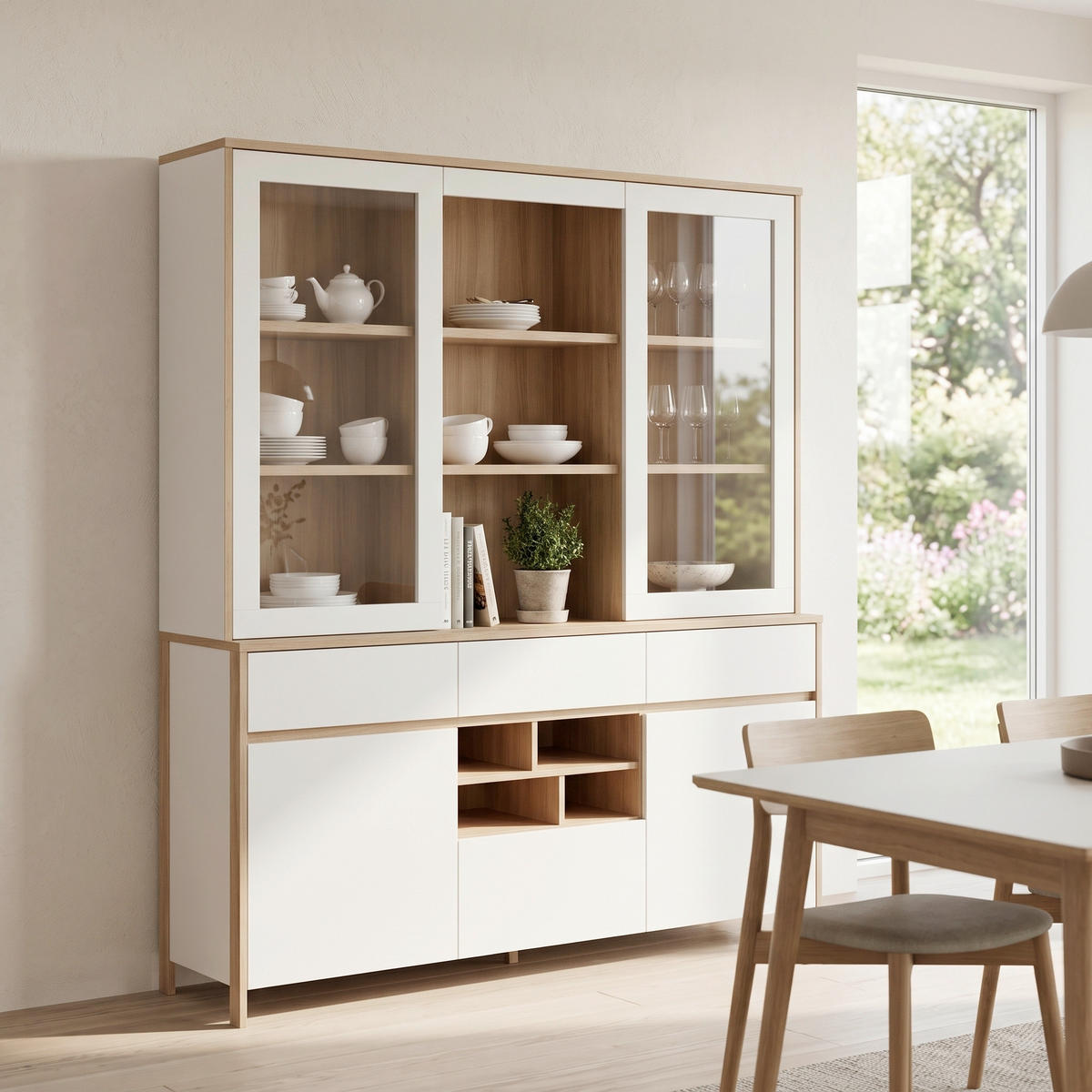 BUFFET 164/195/39 cm  in Weiß  - Eichefarben/Weiß, Design, Glas/Holzwerkstoff (164/195/39cm) - MID.YOU