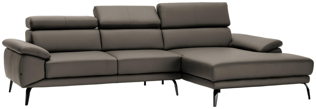 ECKSOFA in Echtleder Graubraun  - Graubraun/Schwarz, Design, Leder/Metall (295/187cm) - Novel