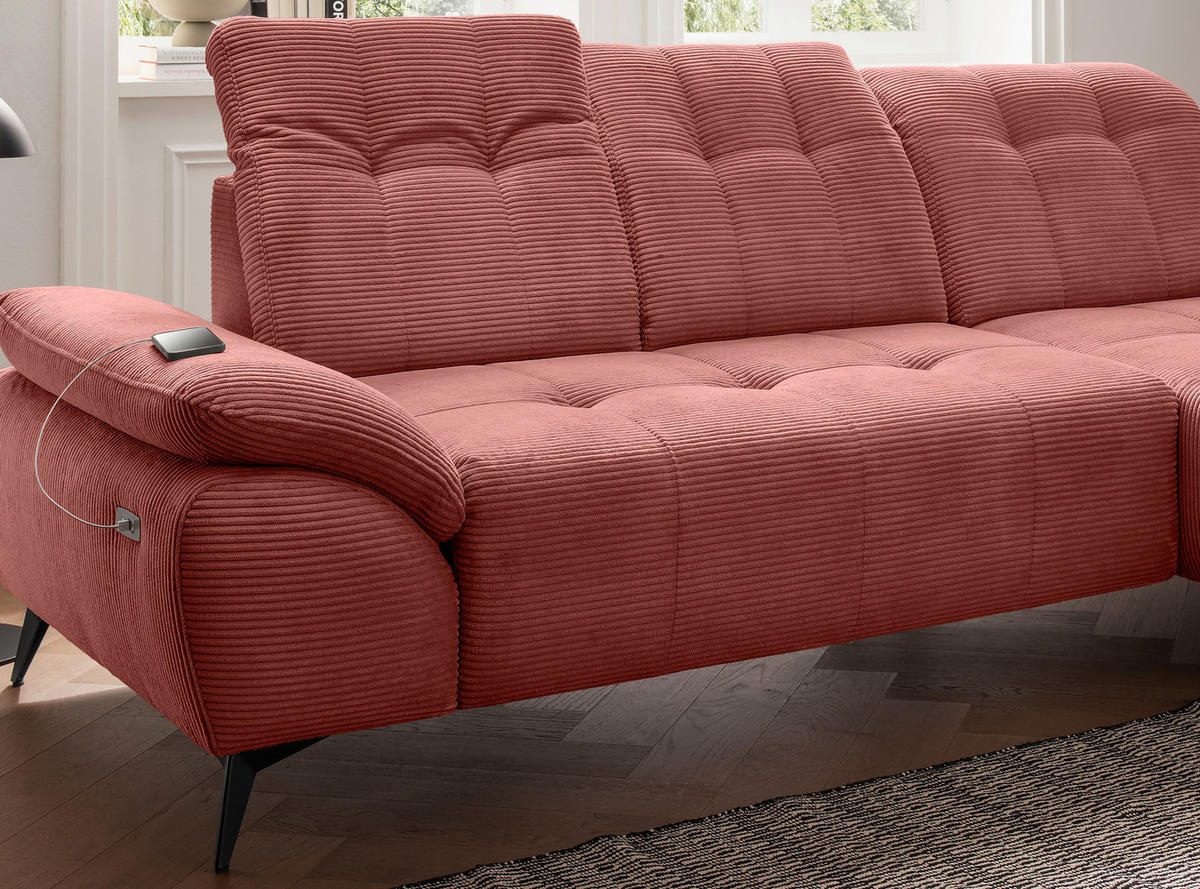 ECKSOFA FIORE in Cord Koralle Kopfteilverstellung, Sitzvorzug  280/180 cm  - Koralle/Schwarz, MODERN, Textil/Metall (280/180cm) - Livetastic