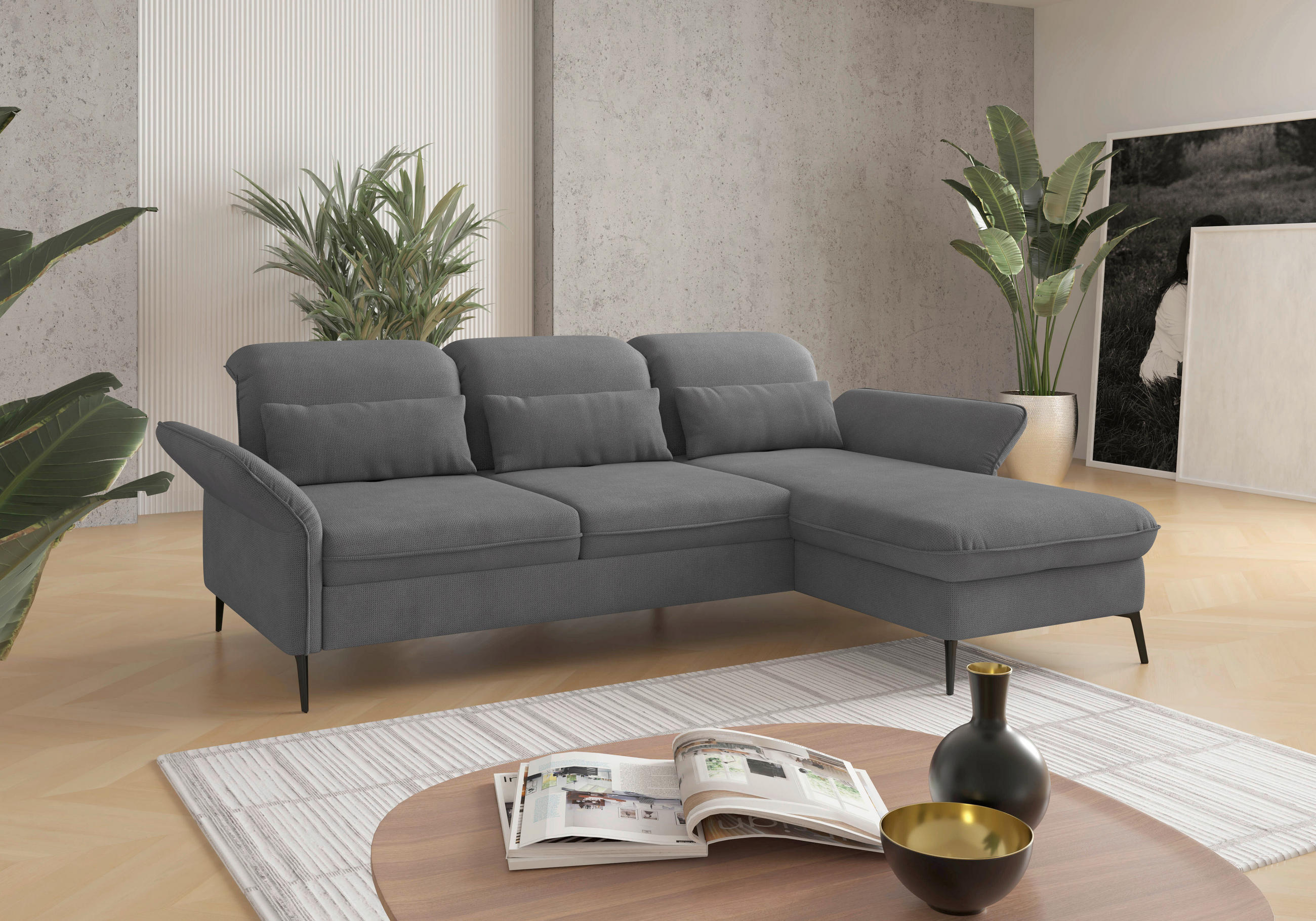 ECKSOFA Grau Flachgewebe  - Schwarz/Grau, KONVENTIONELL, Textil/Metall (264/198cm) - Sit & More