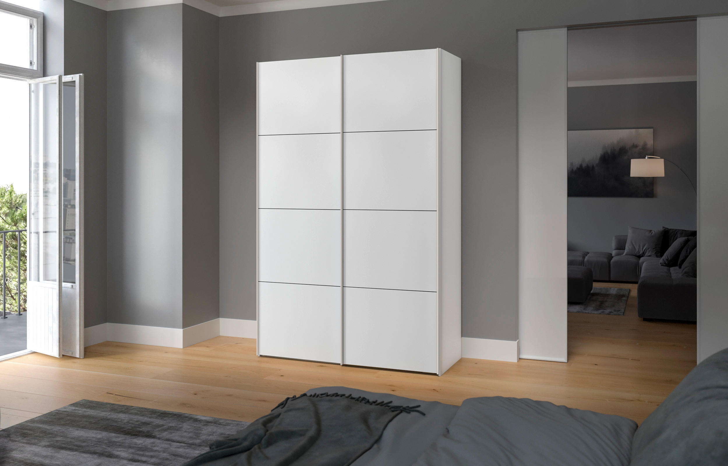 SCHWEBETÜRENSCHRANK  in Weiß  - Edelstahlfarben/Weiß, Design, Holzwerkstoff (152/236/65cm) - Boxxx