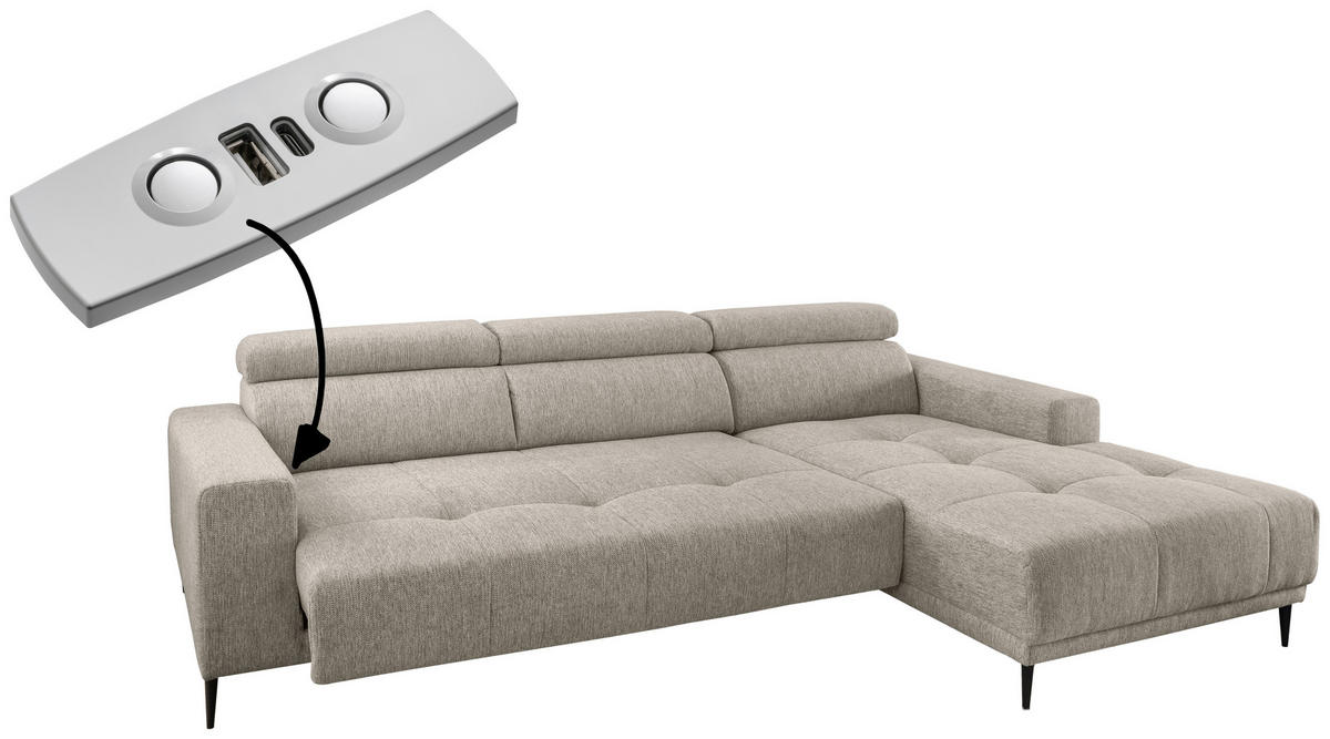 ECKSOFA Beige Chenille  - Beige/Schwarz, KONVENTIONELL, Textil/Metall (276/188cm) - Livetastic