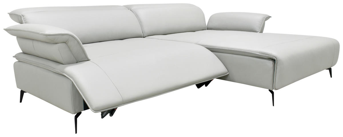 ECKSOFA Hellgrau Echtleder Rückenkissen, Armlehnenkissen, Rücken echt, Kopfteilverstellung, Sitztiefenverstellung, Fußteilverstellung  - Hellgrau/Schwarz, Design, Leder/Metall (280/75-100/112-176cm) - Celina Home
