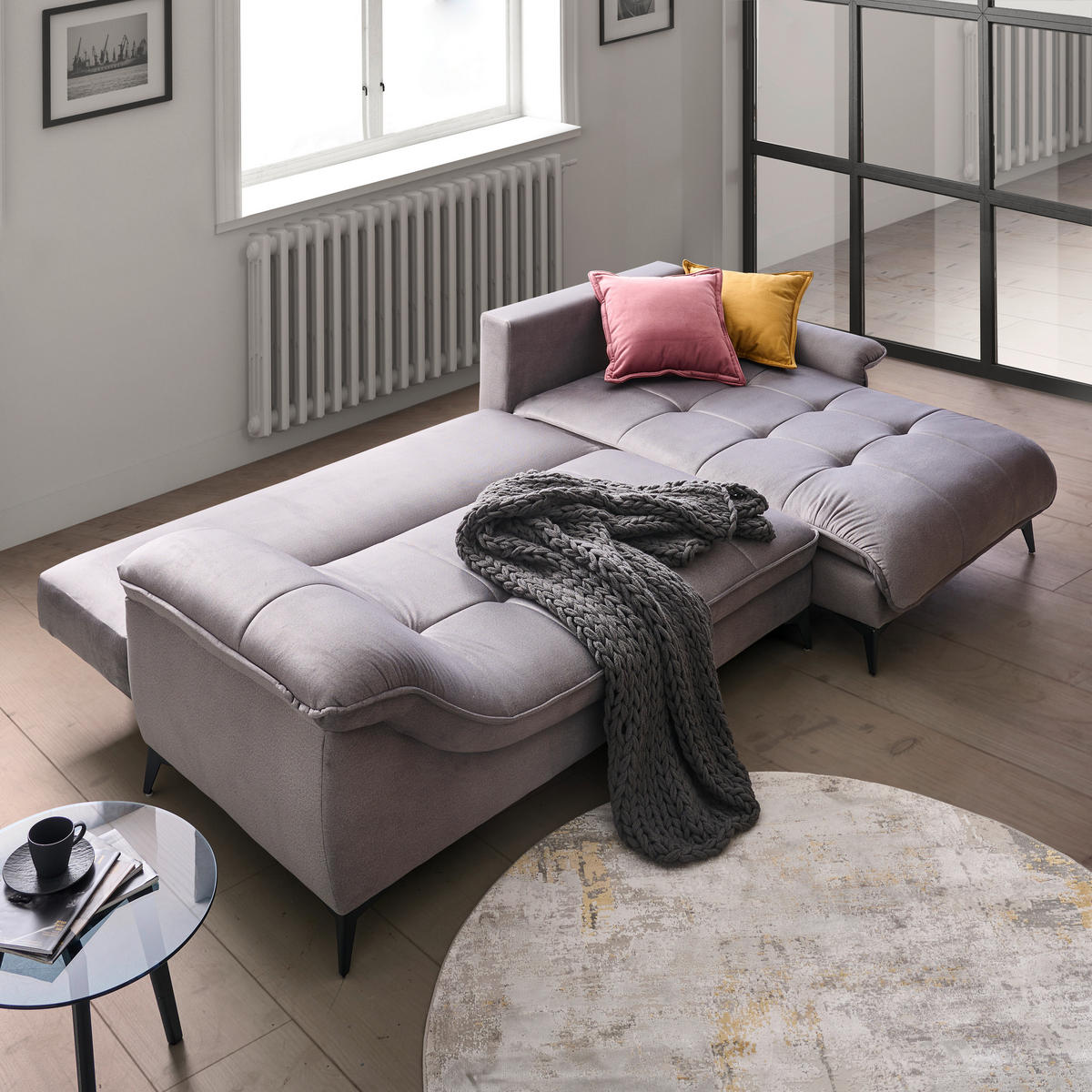 ECKSOFA in Velours Grau  - Schwarz/Grau, Design, Textil/Metall (304/175cm) - Stylife