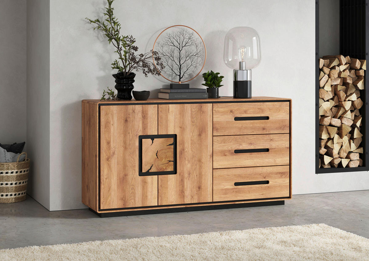 SIDEBOARD  146/77/40 cm 3 Schublade(n)  - Wildeiche/Schwarz, Basics, Holz (146/77/40cm) - Livetastic