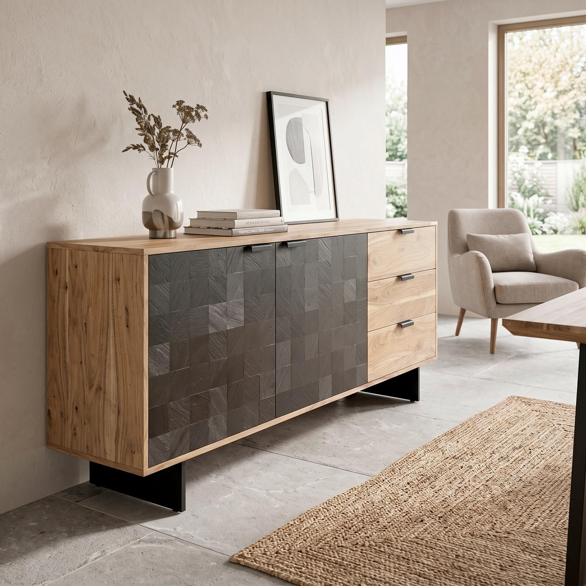SIDEBOARD  175/76/40 cm 3 låda(or)  - svart/akaciefärgad, Natur, metall/trä (175/76/40cm) - Livetastic