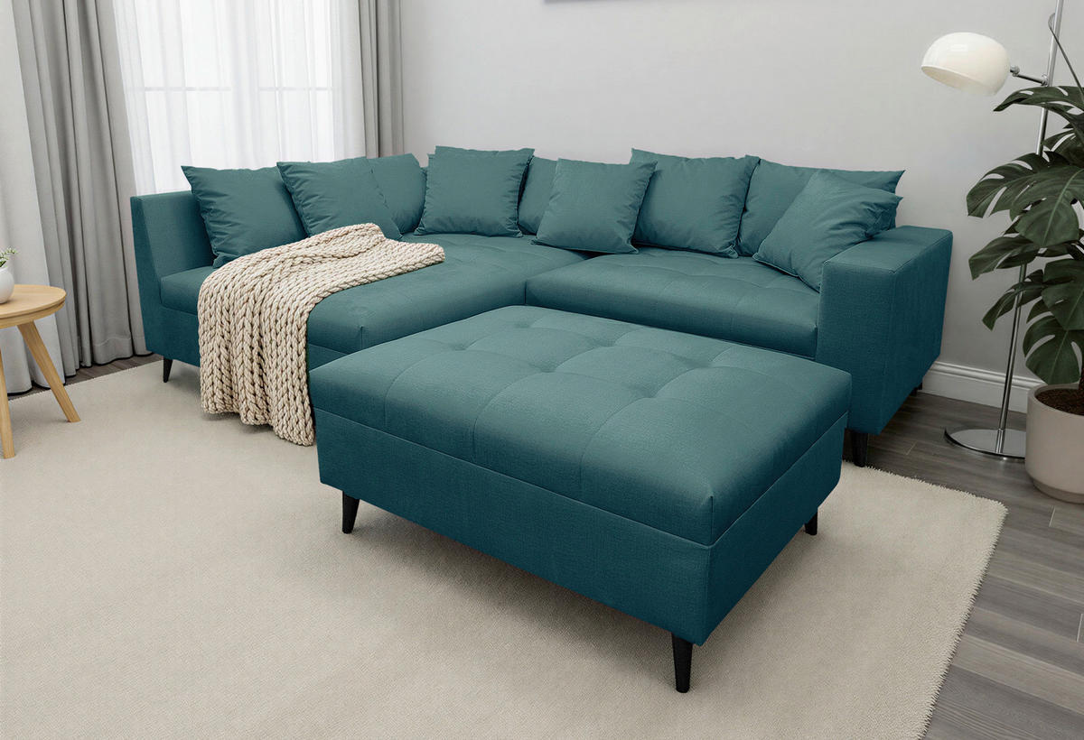 Ecksofa inkl. Hocker  in Mikrofaser Petrol  174/247 cm  - Petrol/Schwarz, Design, Holz/Textil (174/247cm) - MID.YOU