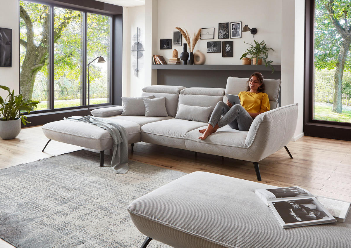 ECKSOFA Hellgrau Cord  - Hellgrau/Schwarz, Design, Textil/Metall (196/301cm) - Moderano