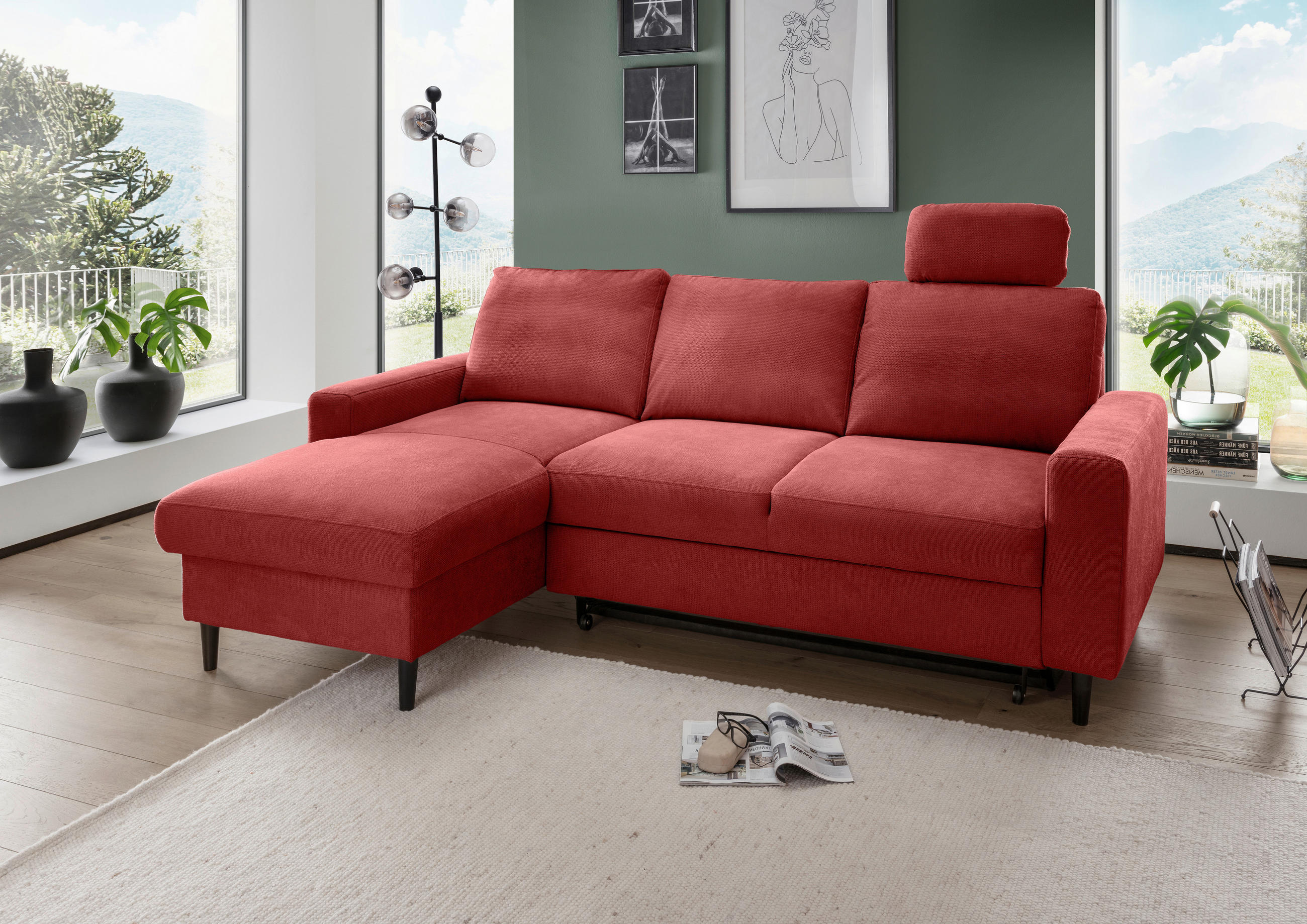 ECKSCHLAFSOFA in Chenille Rot  - Rot/Schwarz, MODERN, Holz/Textil (147/234cm) - Livetastic
