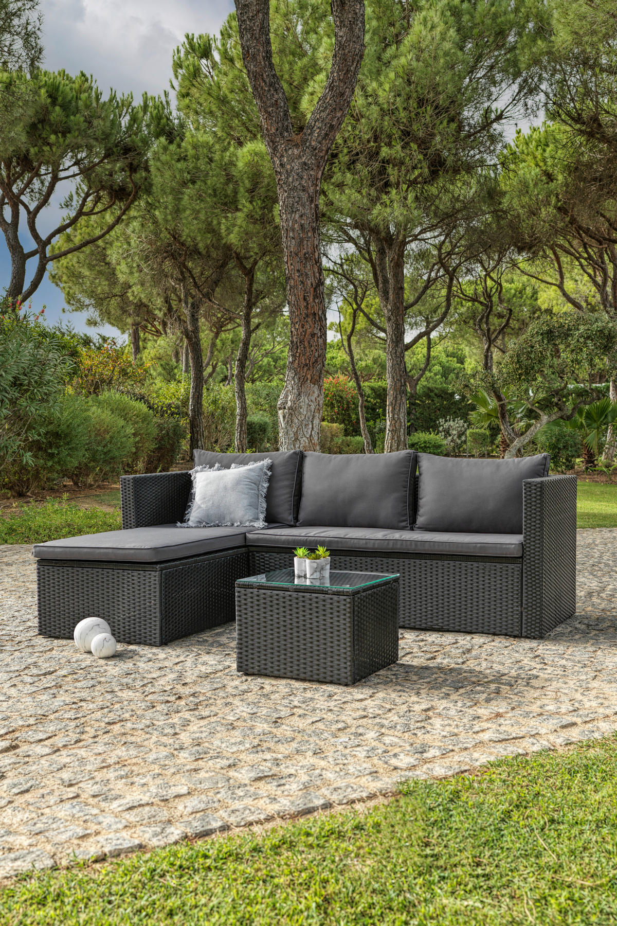 LOUNGEGARNITUR Stahl  - Dunkelgrau/Schwarz, MODERN, Glas/Kunststoff - Ambia Garden