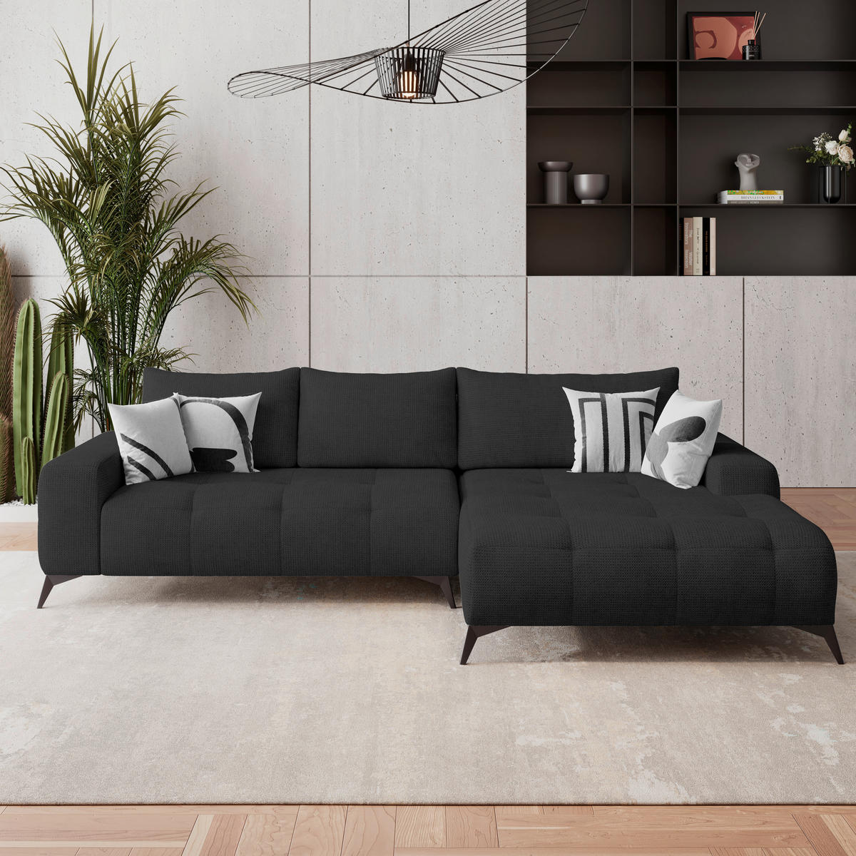 ECKSOFA MAURO Schwarz Flachgewebe  - Schwarz, Trend, Textil/Metall (290/175cm) - MID.YOU