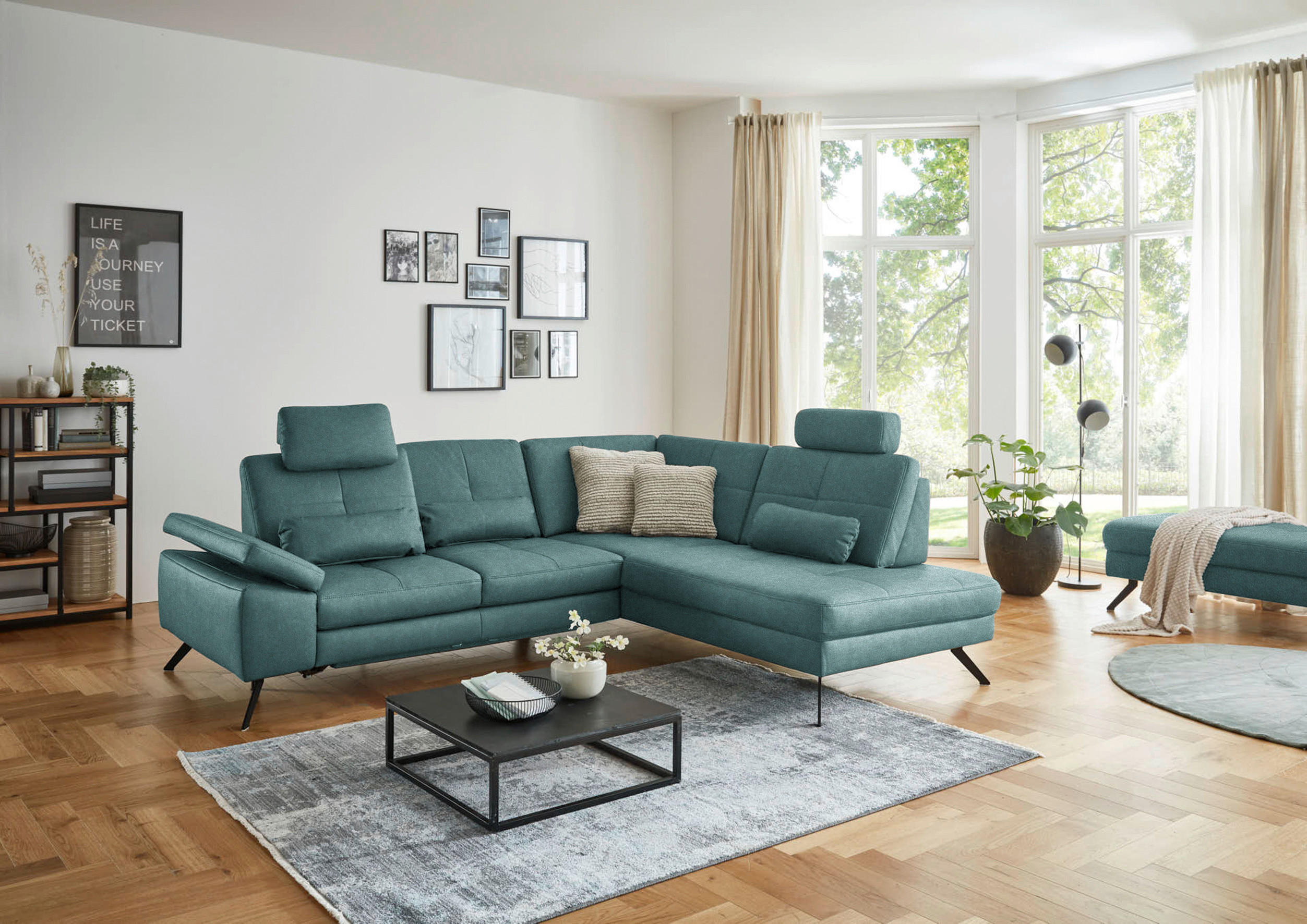ECKSOFA in Lederlook, Mikrofaser Türkis  - Türkis/Schwarz, Design, Textil/Metall (261/220cm) - Beldomo System