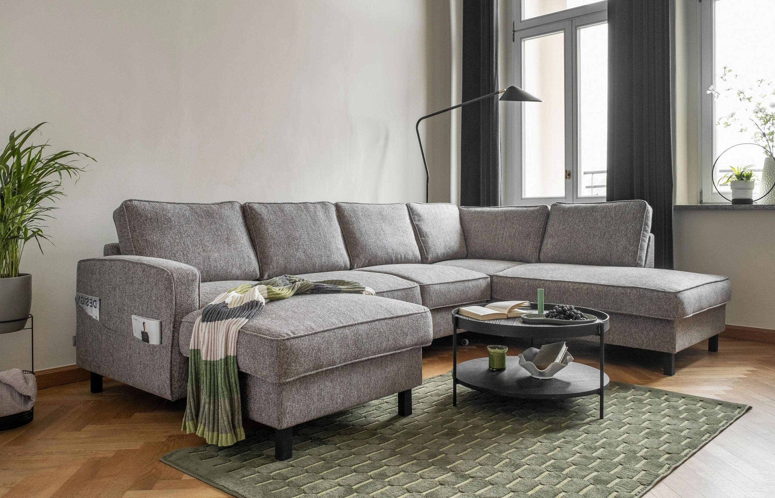WOHNLANDSCHAFT in Struktur Grau  - Schwarz/Grau, Holz/Textil (148/298/198cm) - MID.YOU