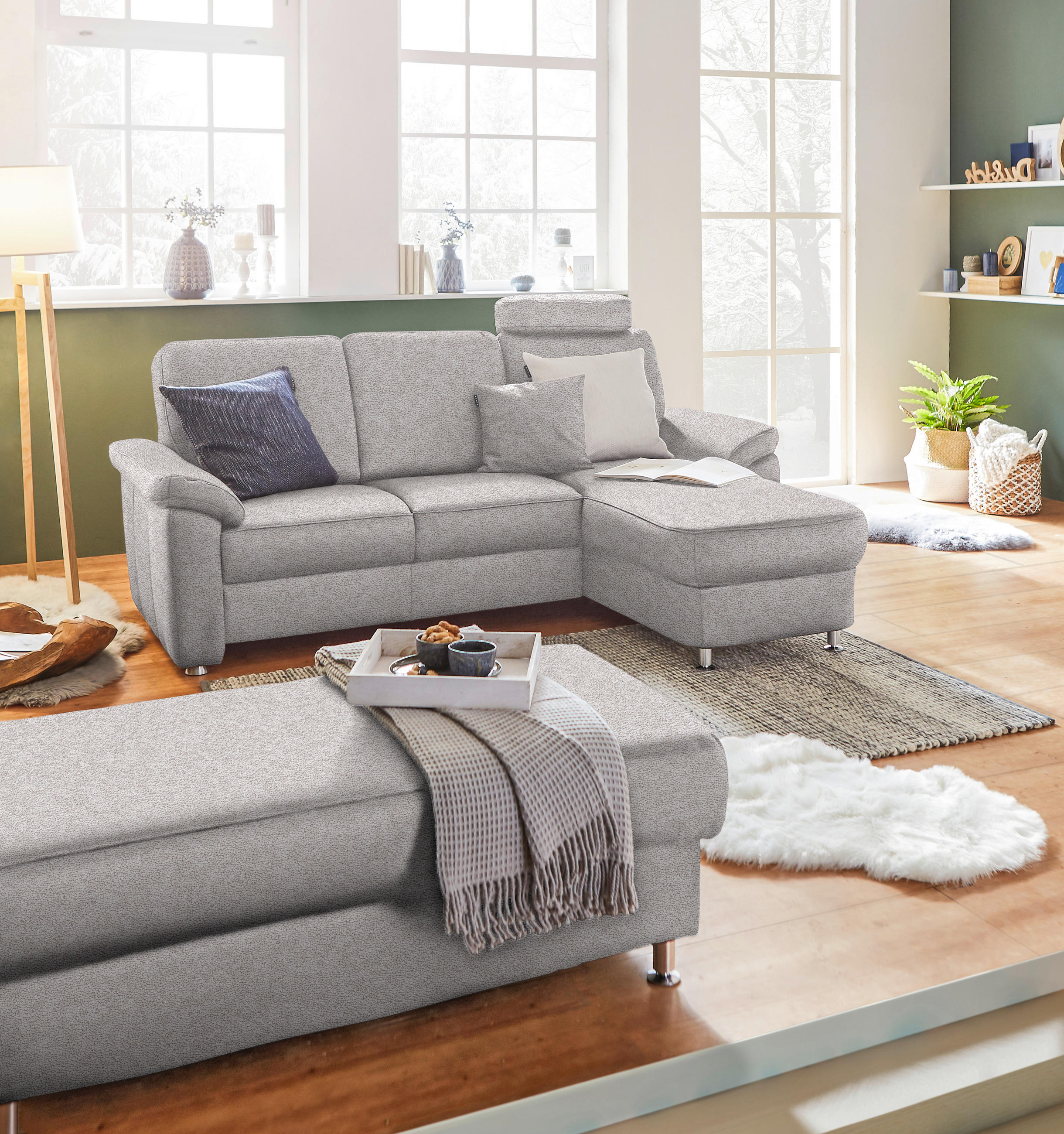ECKSOFA in Webstoff Hellgrau  - Chromfarben/Hellgrau, Konventionell, Textil/Metall (220/163cm) - Beldomo System