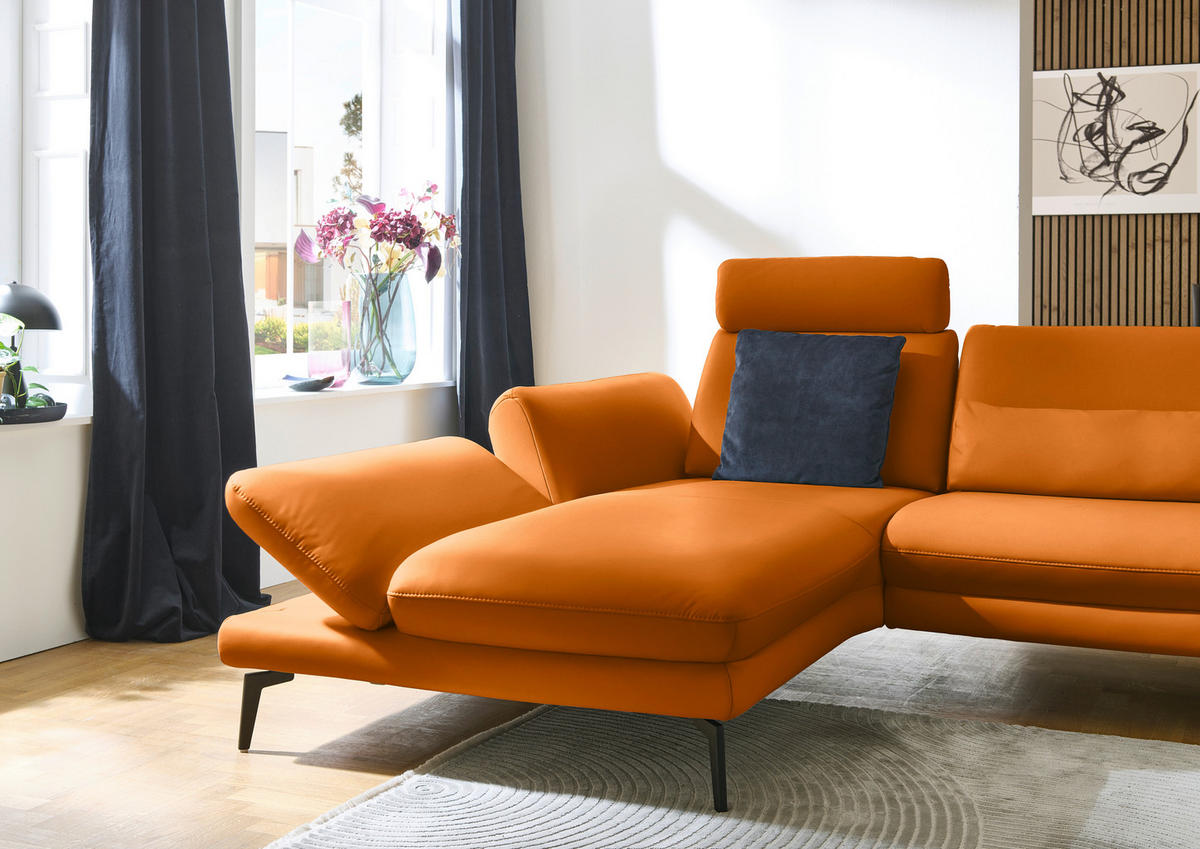 ECKSOFA in Echtleder Orange  195/308 cm  - Schwarz/Orange, Design, Leder/Metall (195/308cm) - Dieter Knoll