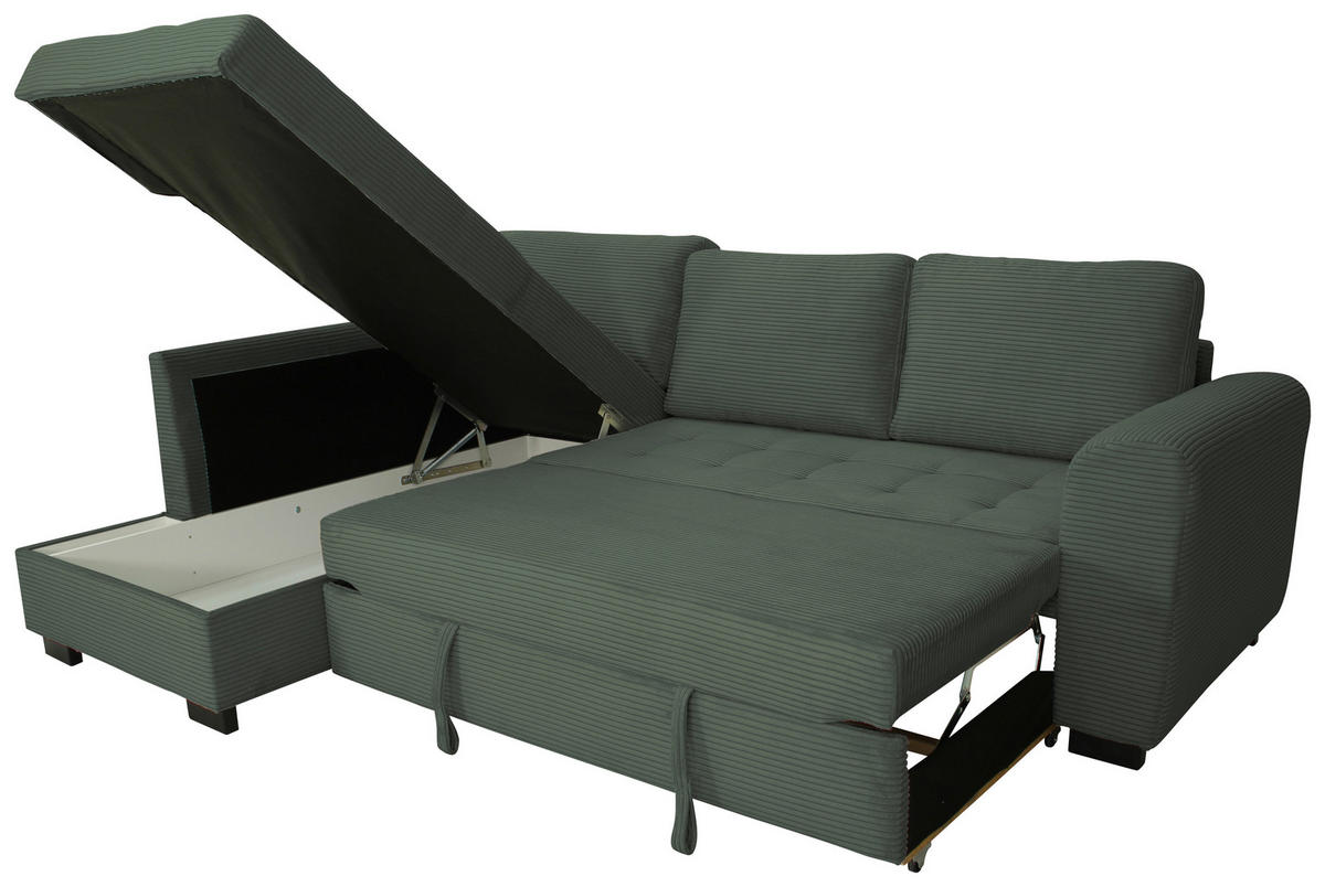 ECKSOFA JOHN Grün Cord Rückenkissen, Bettkasten, Liegefläche im Originalstoff  - Schwarz/Grün, Trend, Kunststoff/Textil (178/239cm) - P & B