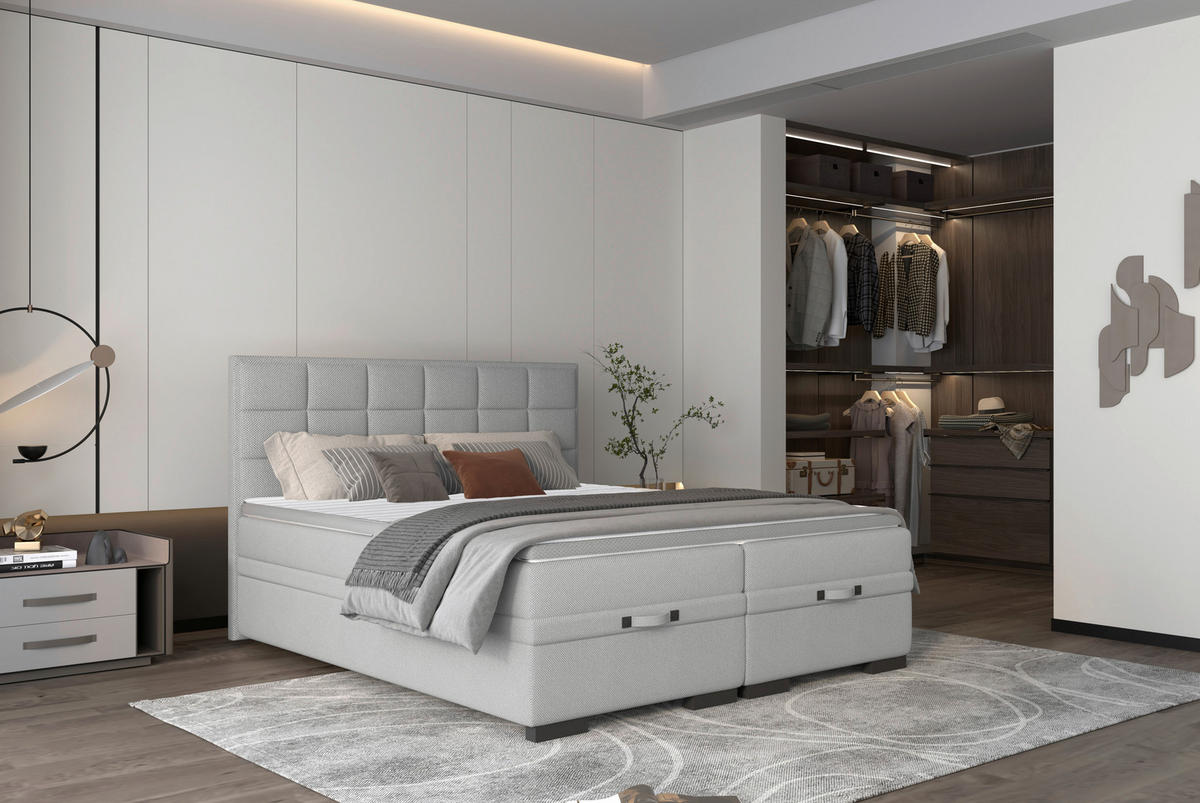 BOXSPRINGBETT 180/200 cm  in Hellgrau  - Hellgrau/Schwarz, Konventionell, Kunststoff/Textil (180/200cm) - home24