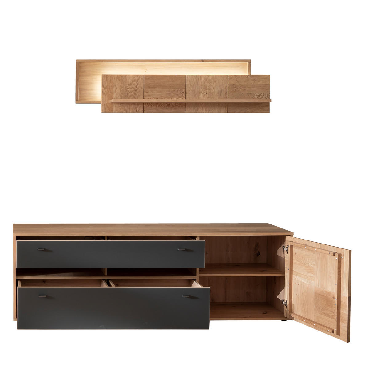 WOHNWAND  in Anthrazit, Eiche Bianco  - Eiche Bianco/Anthrazit, Design, Glas/Holz (258/207/50cm) - MID.YOU