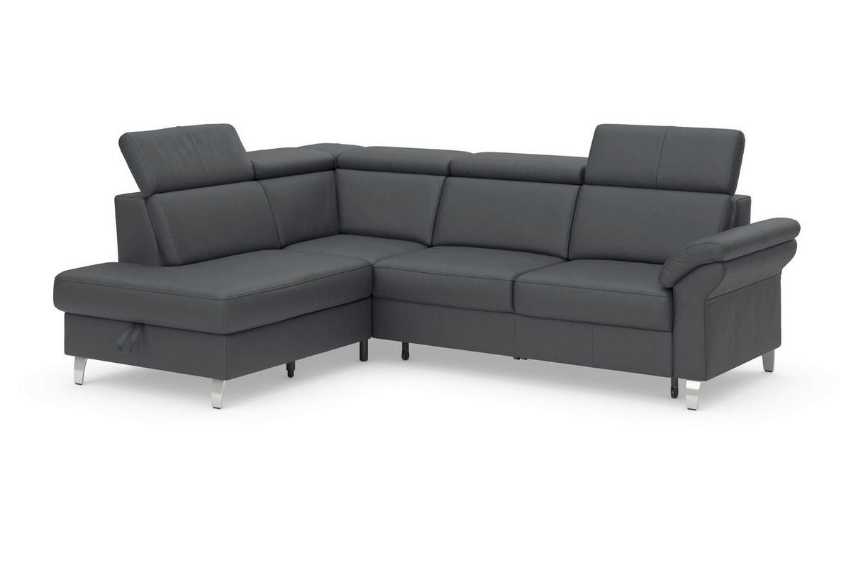ECKSOFA ARNGAST E Schwarz Kombination Echtleder/Stoff Mikrofaser Bettkasten, Kopfteilverstellung  - Chromfarben/Schwarz, Basics, Leder/Textil (194/245cm) - Sit & More