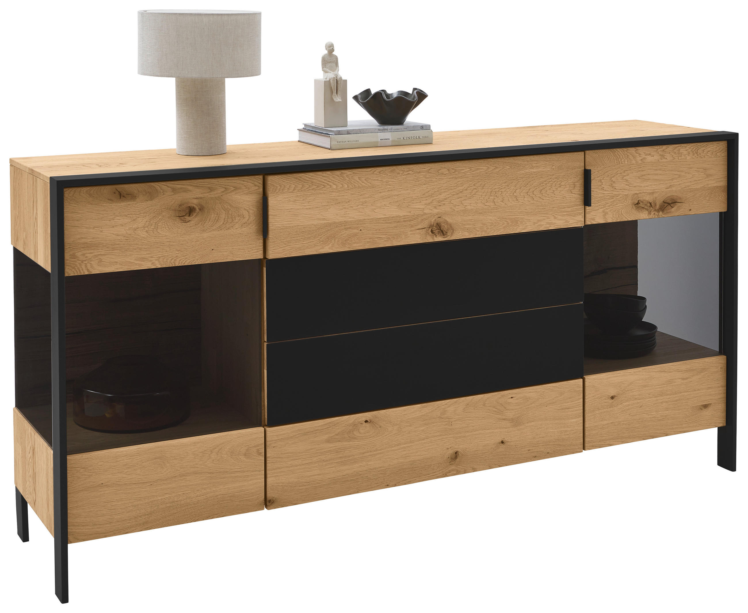 SIDEBOARD Graphitfarben, Eichefarben  184/91,4/44,6 cm  - Eichefarben/Graphitfarben, Natur, Glas/Holz (184/91,4/44,6cm) - Valdera