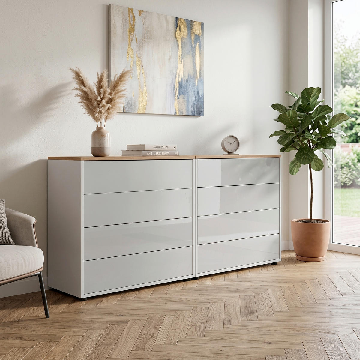 SIDEBOARD Mailand Set 1 158/73/33 cm 8 Schublade(n)  - Weiß Hochglanz/Schwarz, MODERN, Holzwerkstoff/Kunststoff (158/73/33cm) - MID.YOU