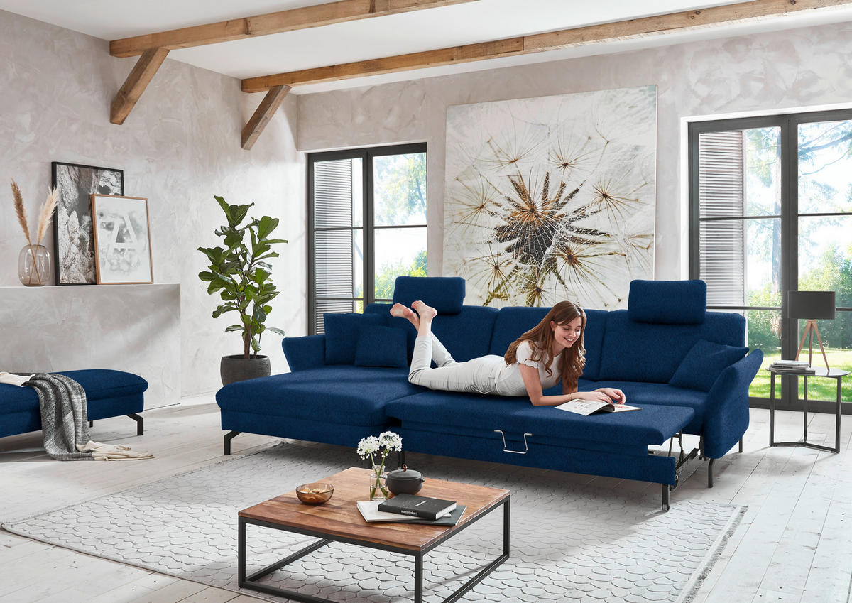 ECKSOFA in Velours Dunkelblau  - Schwarz/Dunkelblau, Design, Textil/Metall (179/306cm) - Beldomo System