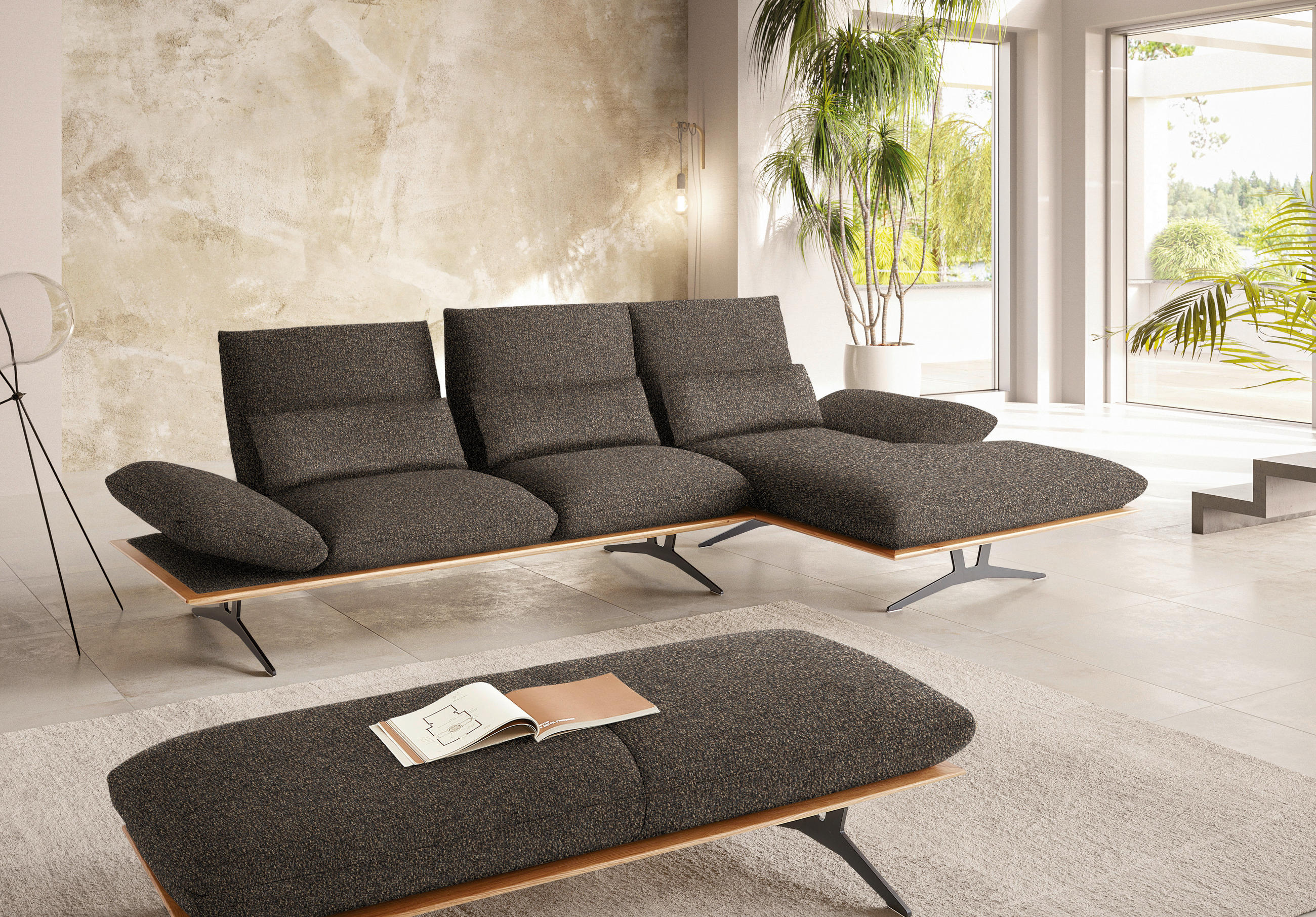 ECKSOFA in Flachgewebe Dunkelbraun  - Dunkelbraun/Schwarz, Design, Holz/Textil (314/159cm) - Dieter Knoll