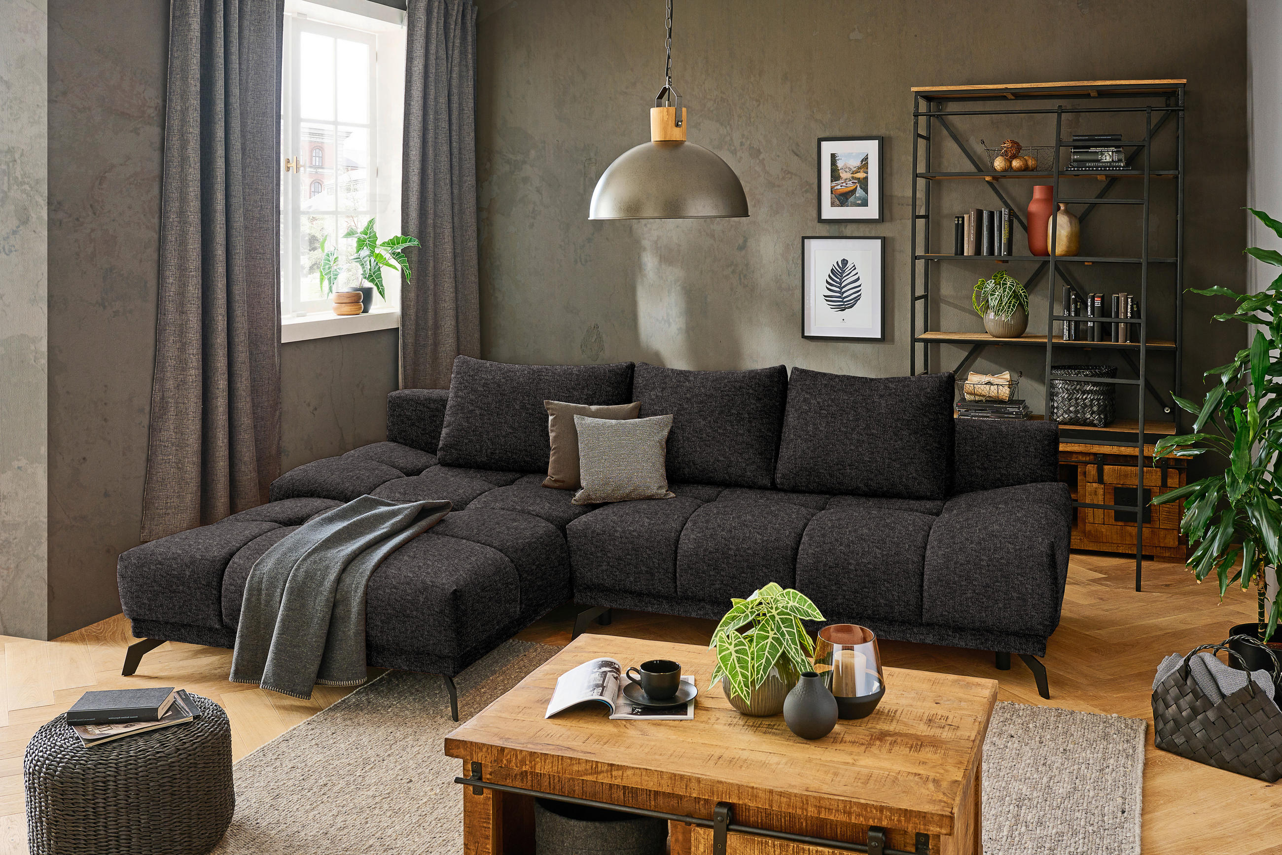 ECKSOFA in Chenille Anthrazit  - Anthrazit/Schwarz, Modern, Textil/Metall (182/290cm) - Hom`in