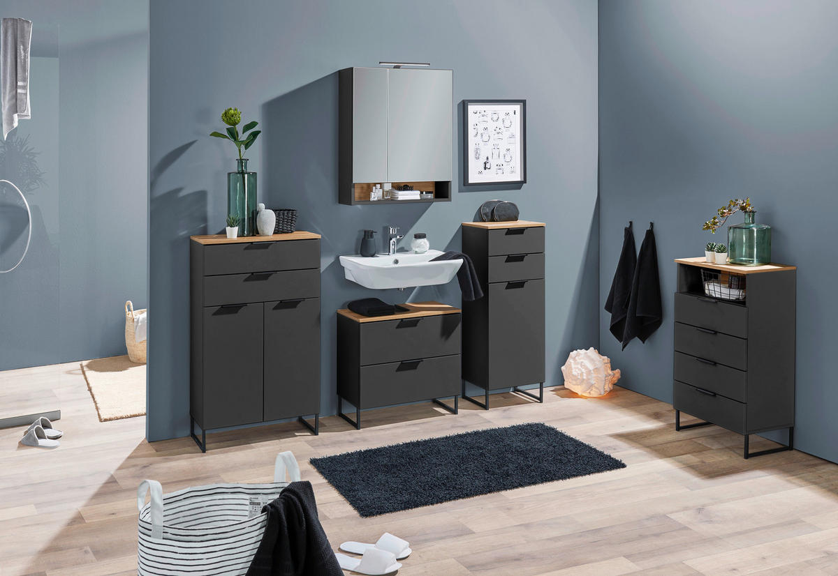 MIDISCHRANK 38/106/32 cm  - Eichefarben/Schwarz, KONVENTIONELL, Holzwerkstoff/Metall (38/106/32cm) - home24