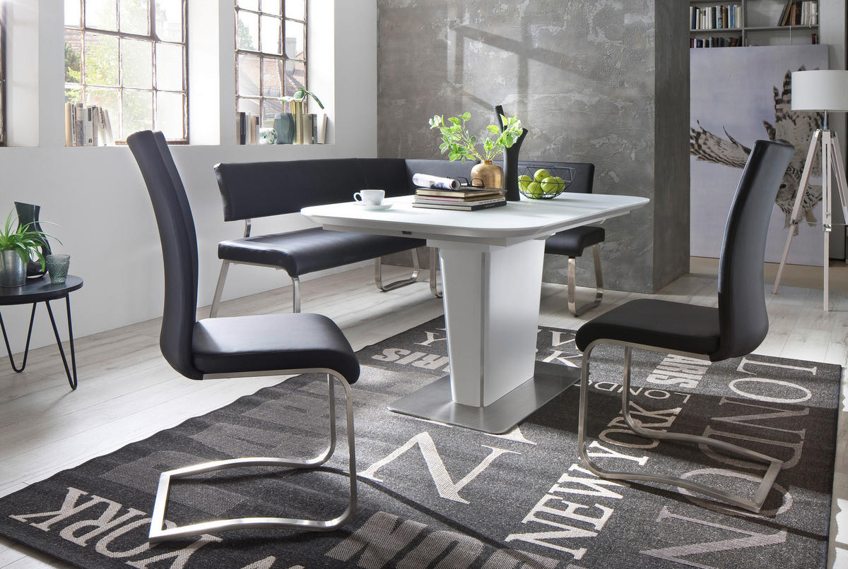 ECKBANK Lederlook Schwarz, Edelstahlfarben   - Edelstahlfarben/Schwarz, Design, Textil/Metall (200cm) - Livetastic