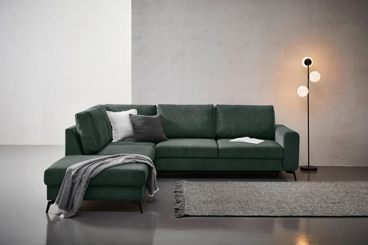 ECKSOFA in Chenille Dunkelgrün  - Dunkelgrün/Schwarz, Konventionell, Textil/Metall (257/275cm) - MID.YOU