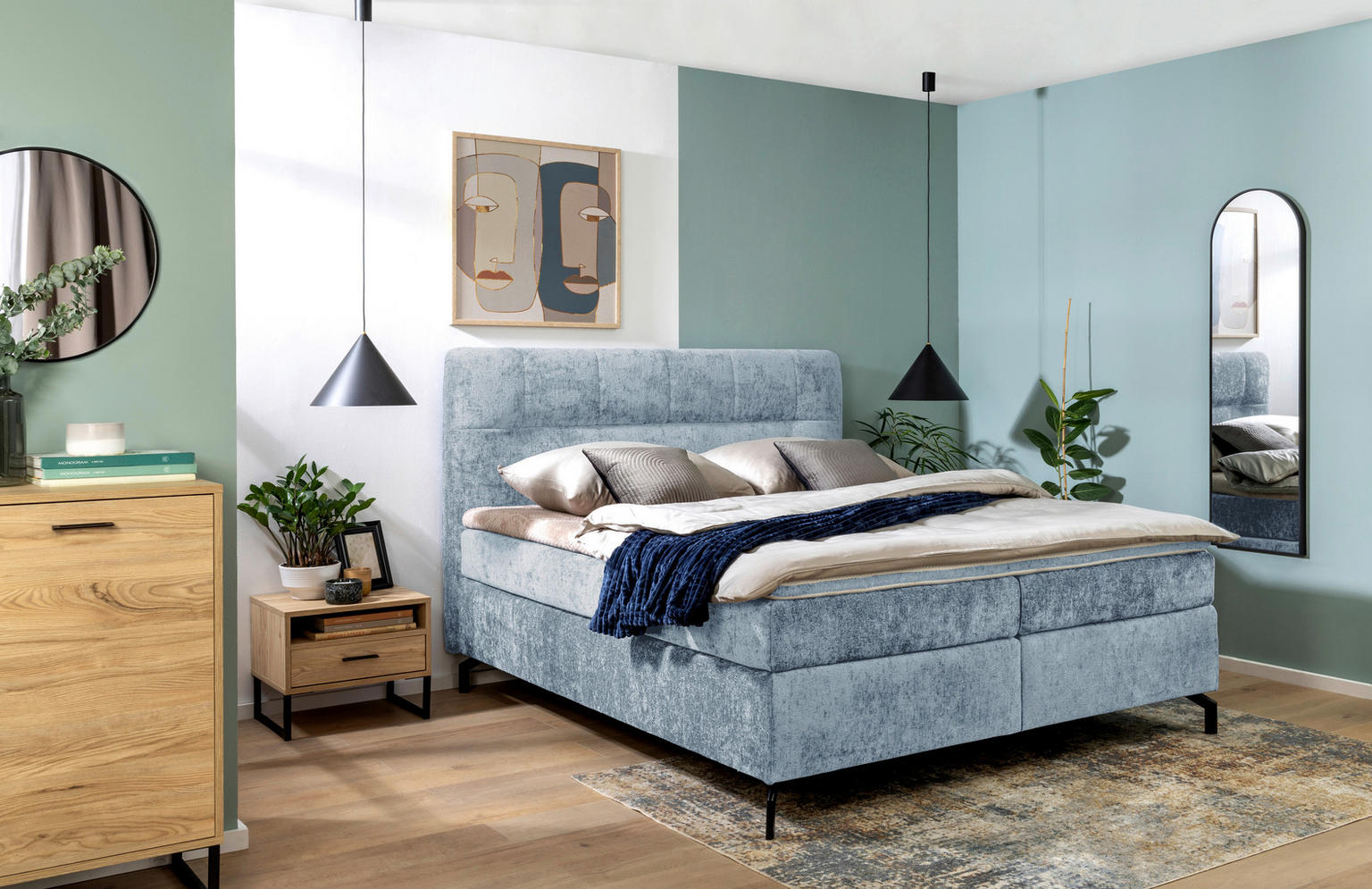 BOXSPRINGBETT 160/200 cm in Hellblau - Einrichtungsbeispiel