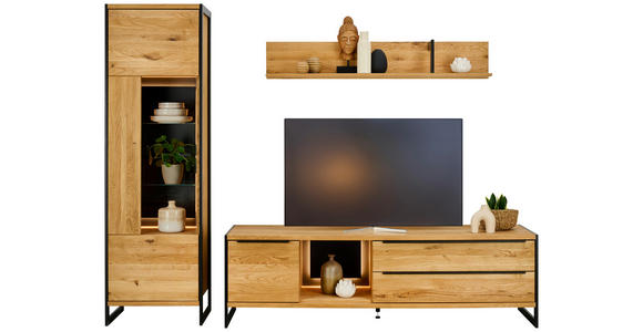 WOHNWAND  in Schwarz, Eichefarben  255/201/50 cm  - Eichefarben/Eschefarben, Natur, Glas/Holz (255/201/50cm) - Linea Natura