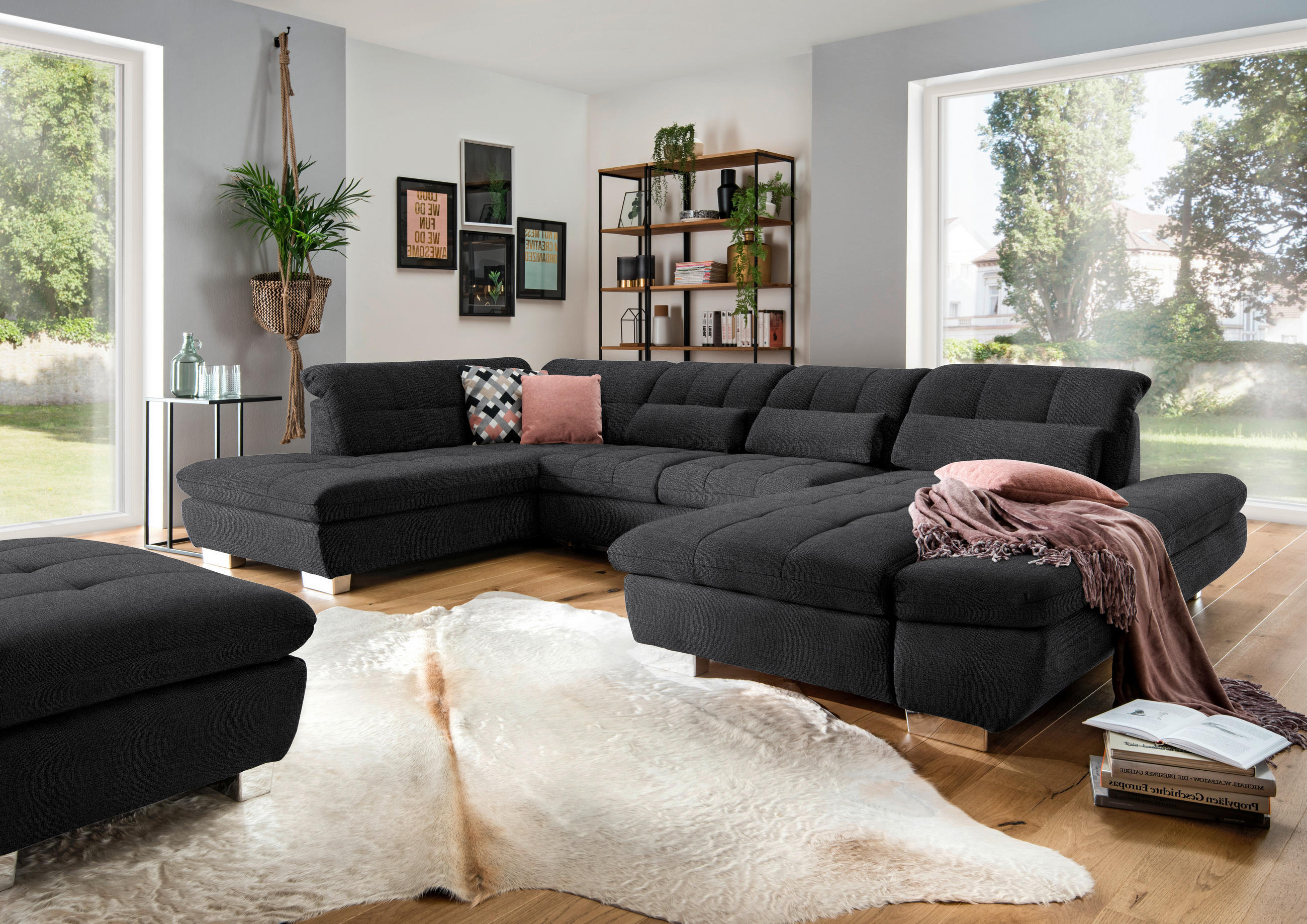 WOHNLANDSCHAFT in Mikrofaser Graphitfarben  - Chromfarben/Graphitfarben, Design, Kunststoff/Textil (211/350/204cm) - Xora