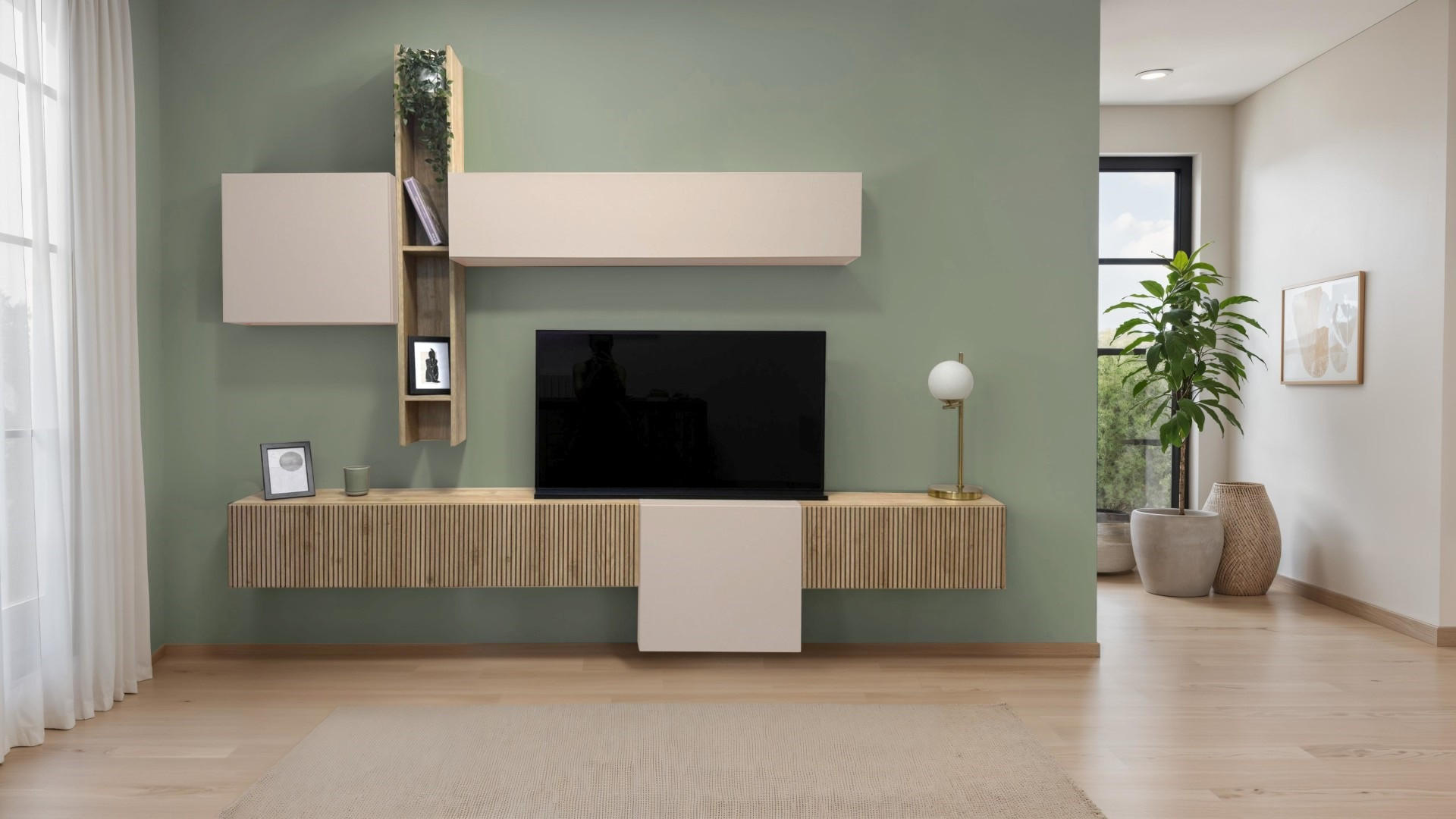 DNEVNI REGAL,  barve hrasta, barve šampanjca  - barve šampanjca/barve hrasta, Moderno, leseni material (262/210/30cm) - Hom`in