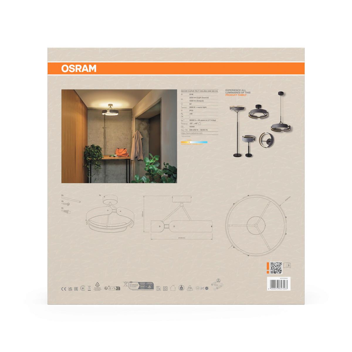 LED-DECKENLEUCHTE 43/25,5 cm   - Dunkelgrau, Basics, Kunststoff/Textil (43/25,5cm) - Osram